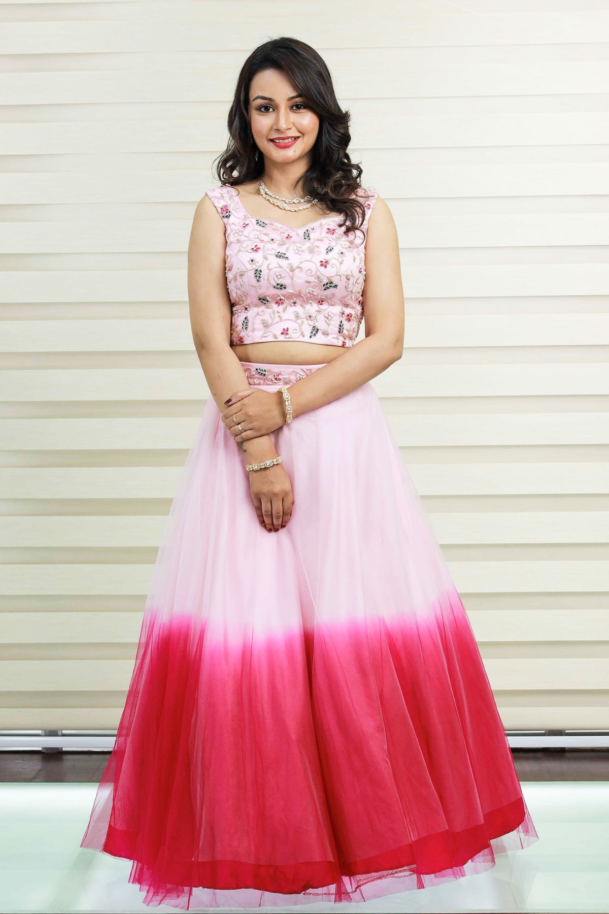 Ombre Tulle Lehenga with French Knot &  Cut Bead Detailing