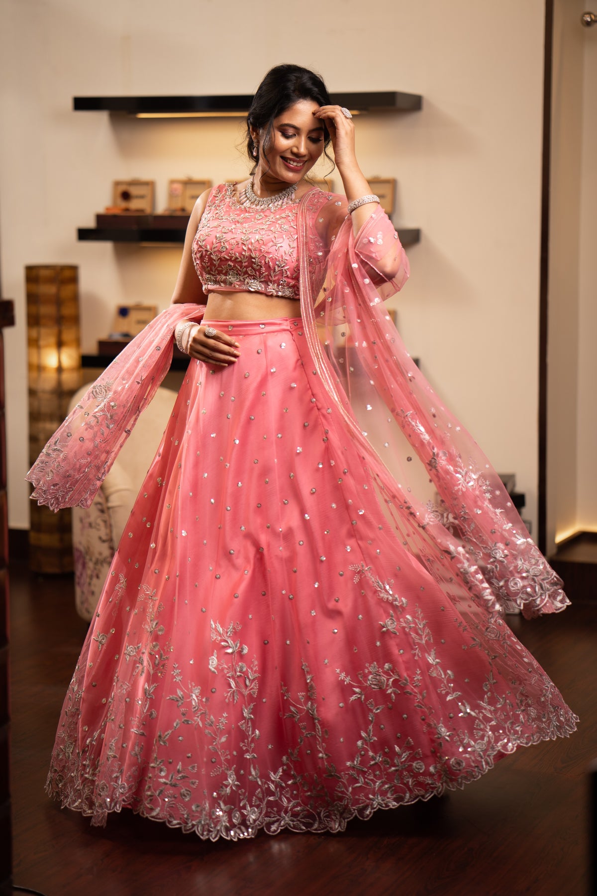 Watermelon Pink Bridal Lehenga With Silver Handwork Detail