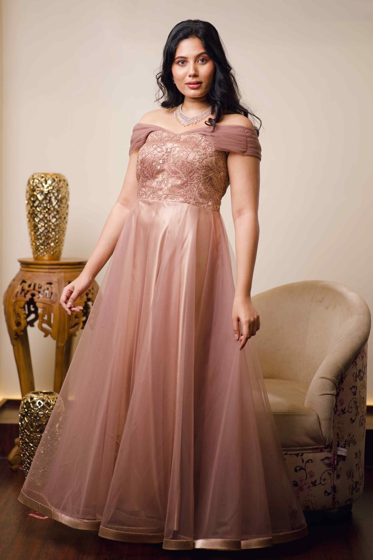 Beaver Brown Evening Gown With Golden Embroidery