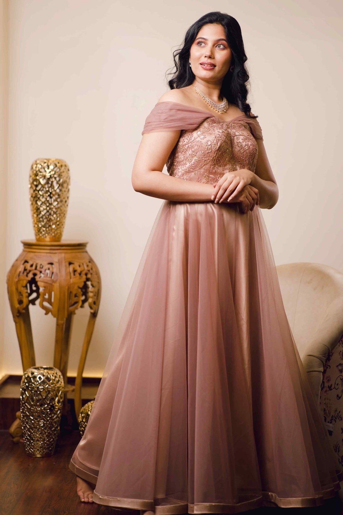 Beaver Brown Evening Gown With Golden Embroidery