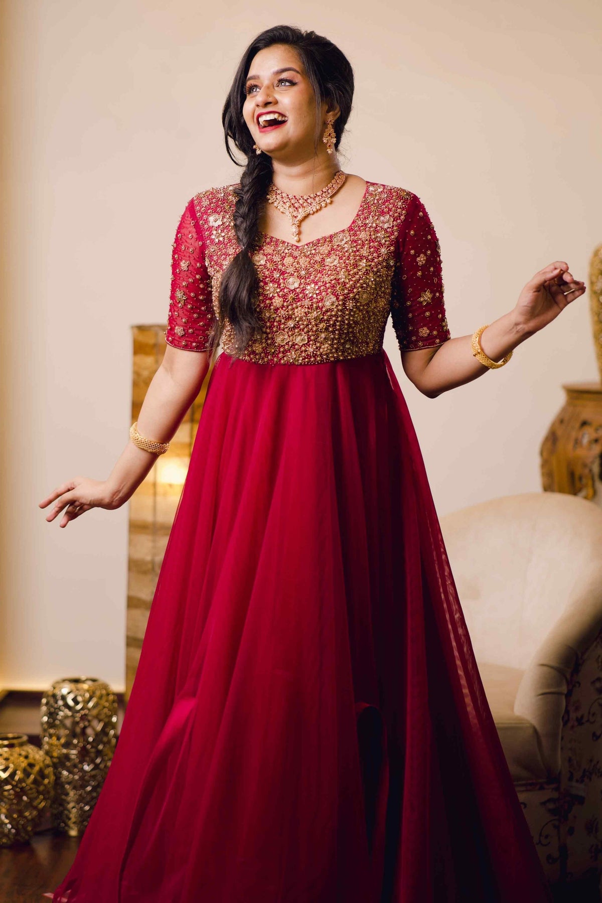 Amaranth Red Layered Gown Detailed With Golden Handwork Embroidery