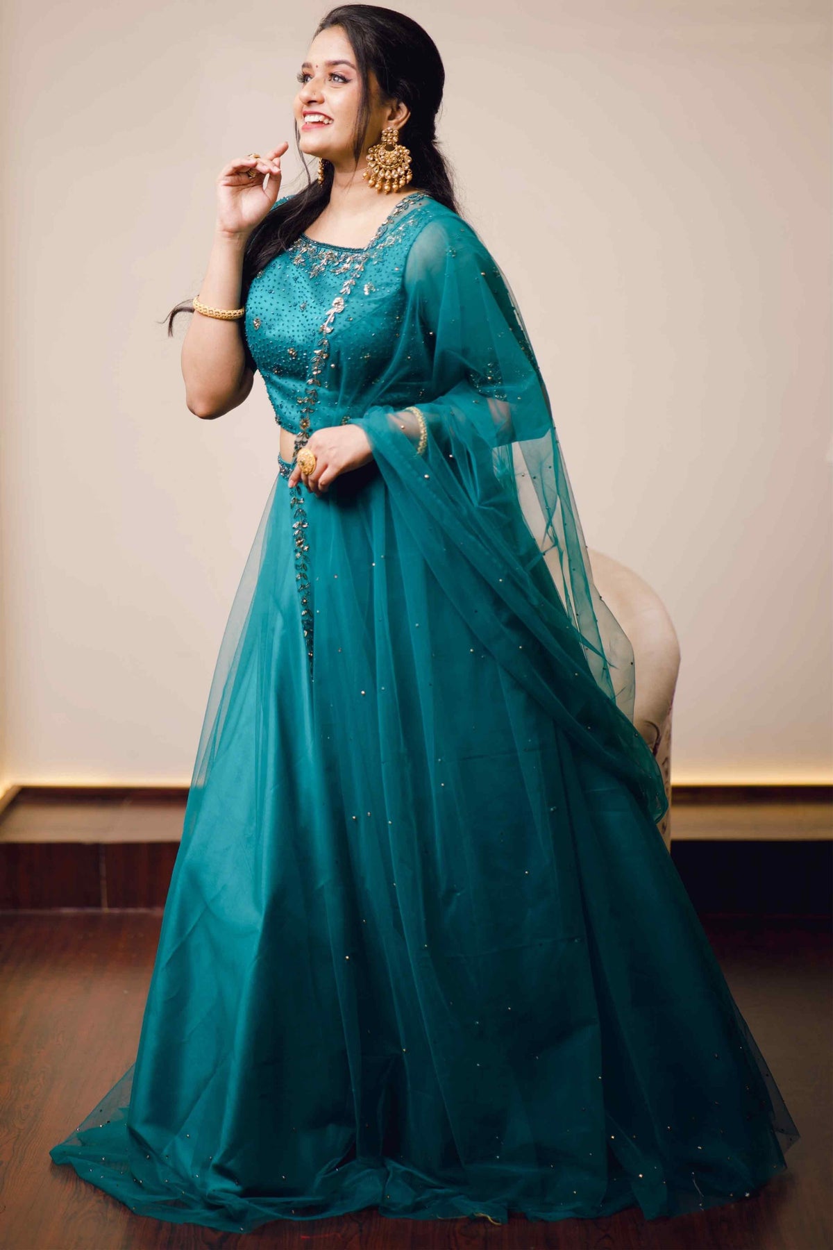 Teal Blue Lehenga Detailed with Antique Gold Embroidery