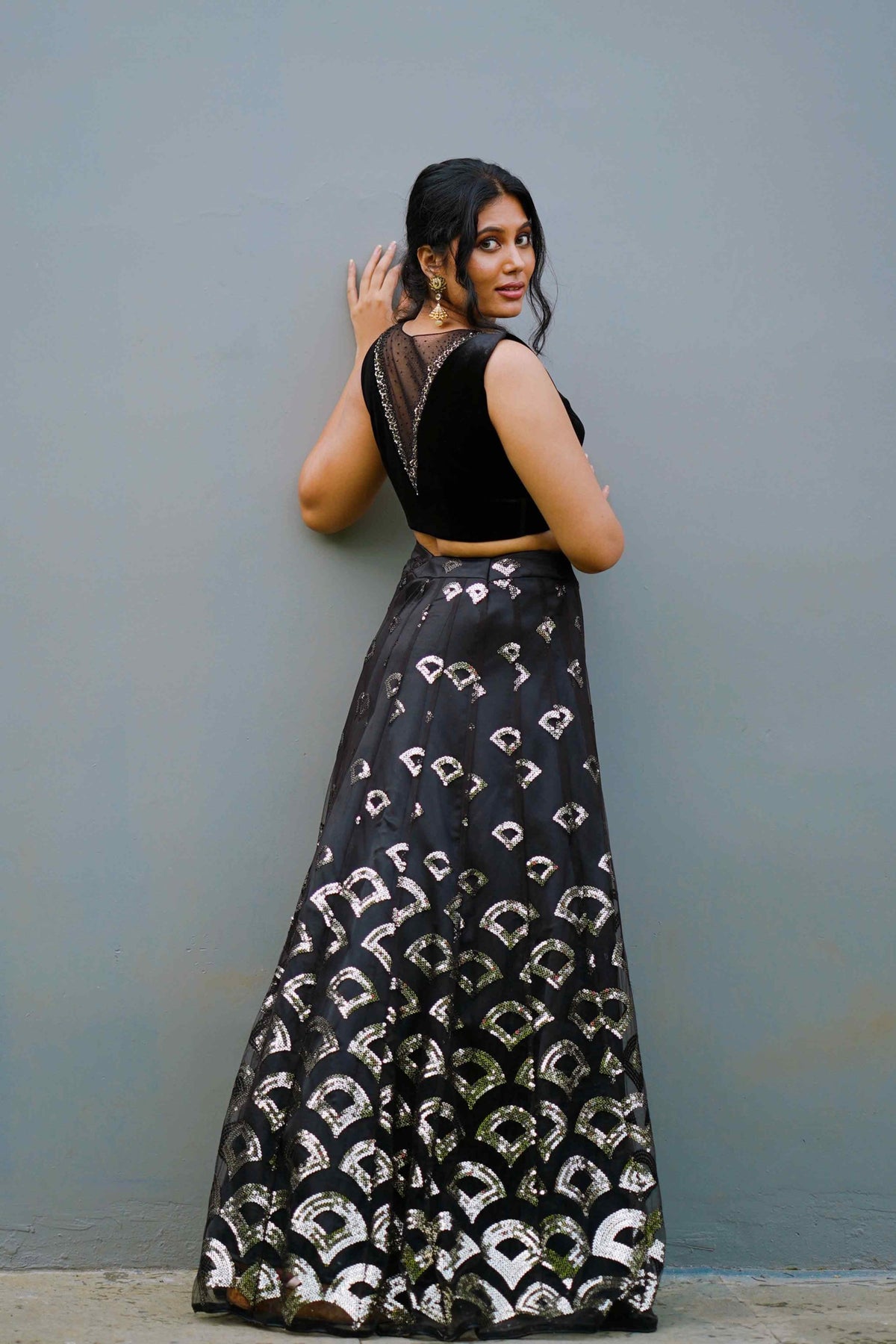 Jet Black Sleeveless Lehenga Detailed with White Gold Sequence Work