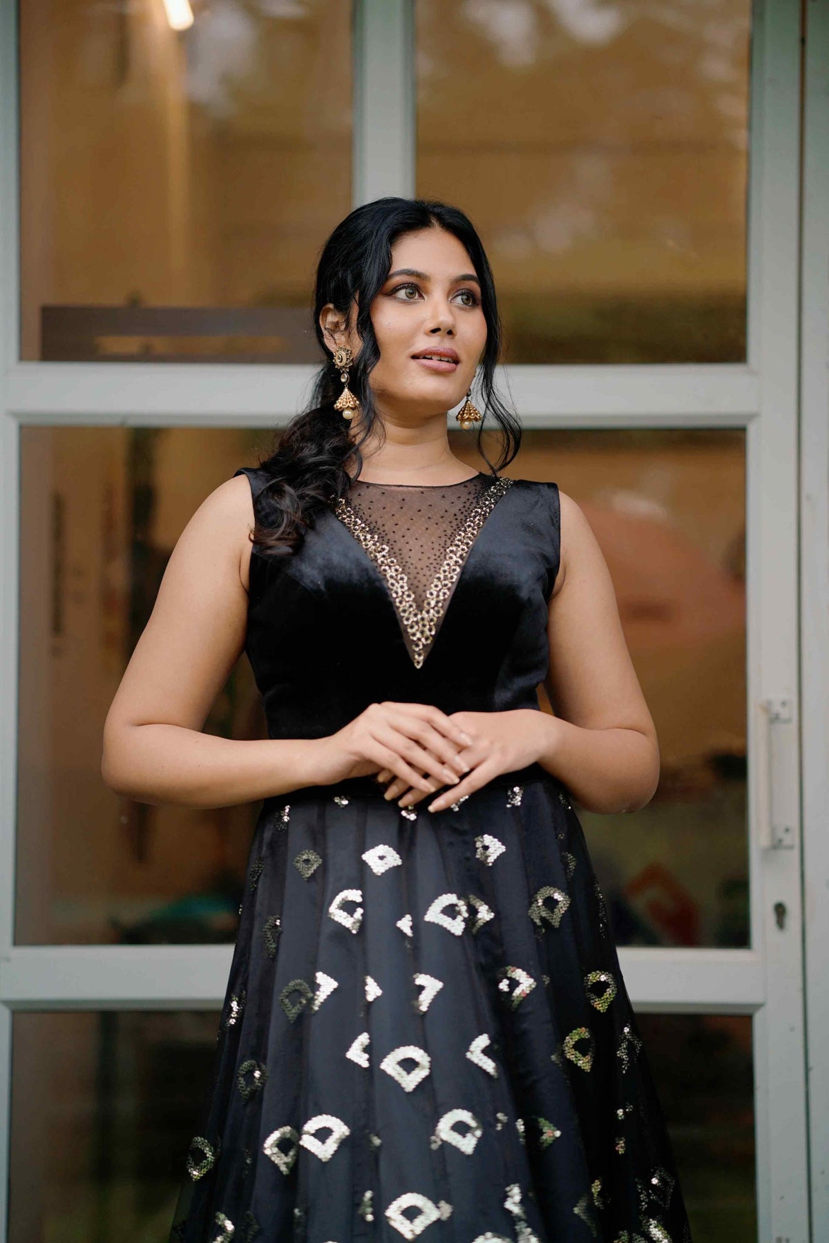 Jet Black Sleeveless Lehenga Detailed with White Gold Sequence Work