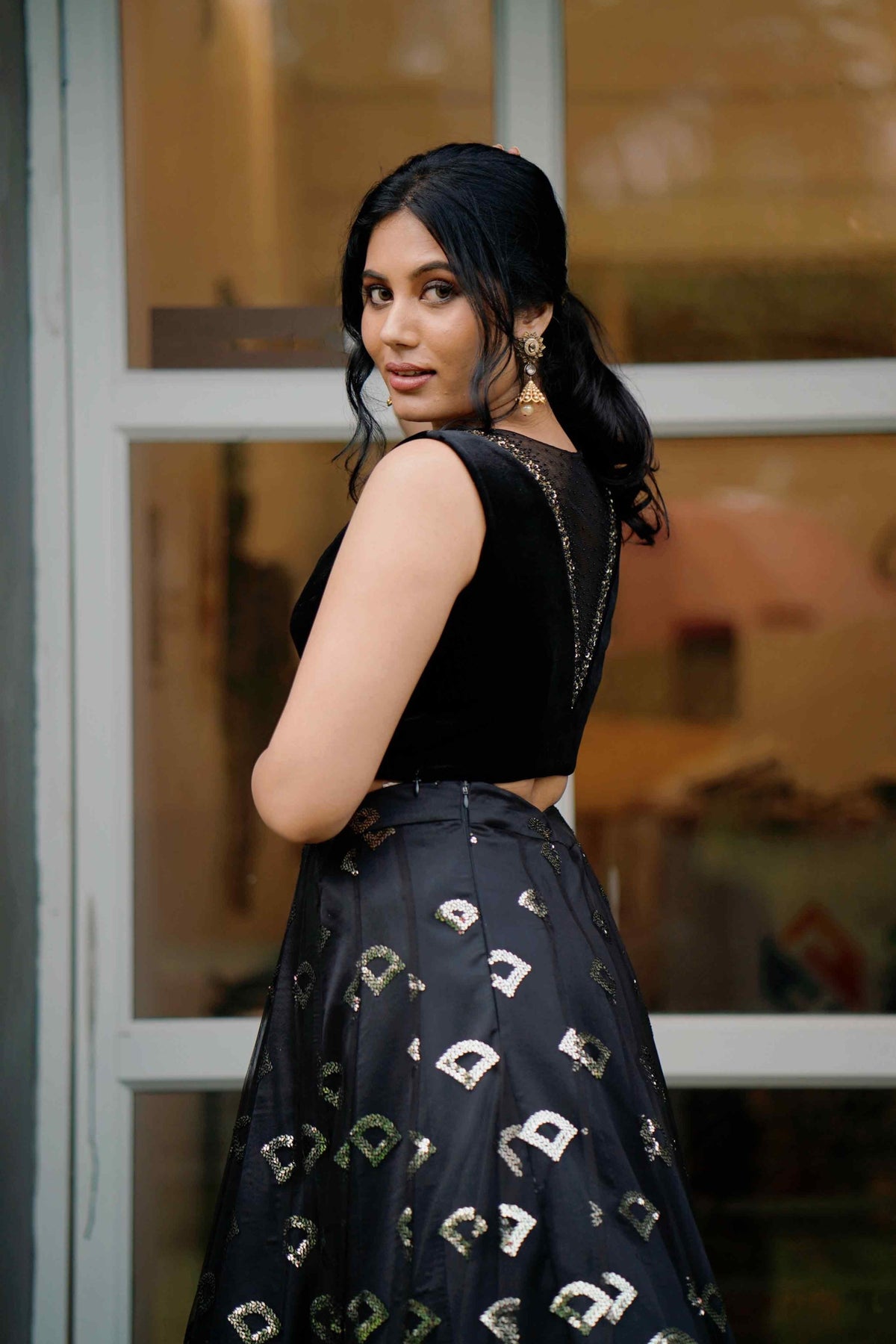 Jet Black Sleeveless Lehenga Detailed with White Gold Sequence Work