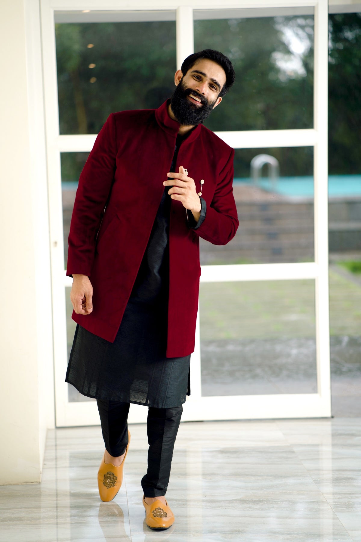 Wine Red Open Indo Western Slim Jacket with paired with Black Kurta & Black Narrow Pants (Set of 3)