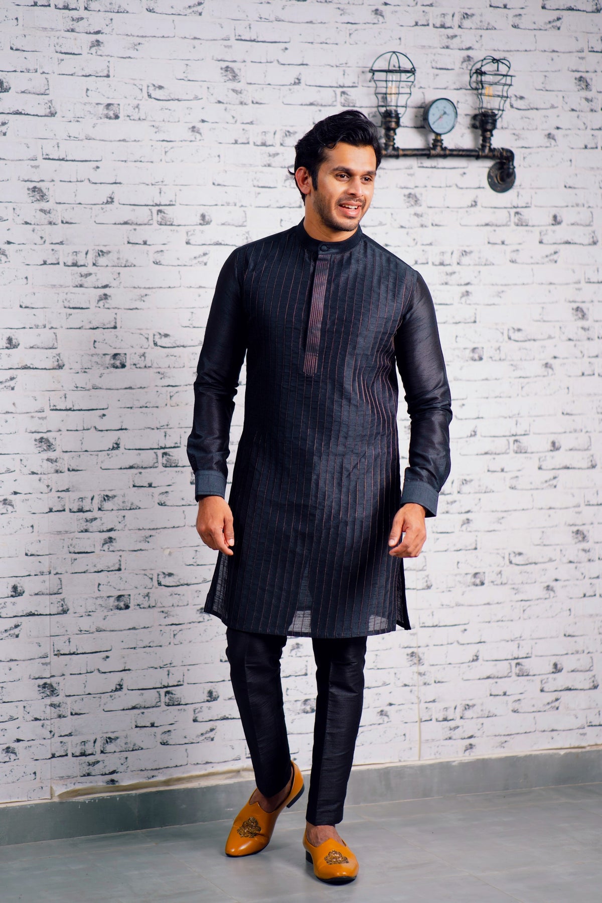 Charcoal Black Kurta Set  With Vertical Tuck Detailing (Kurta + Black Bottom Pants)