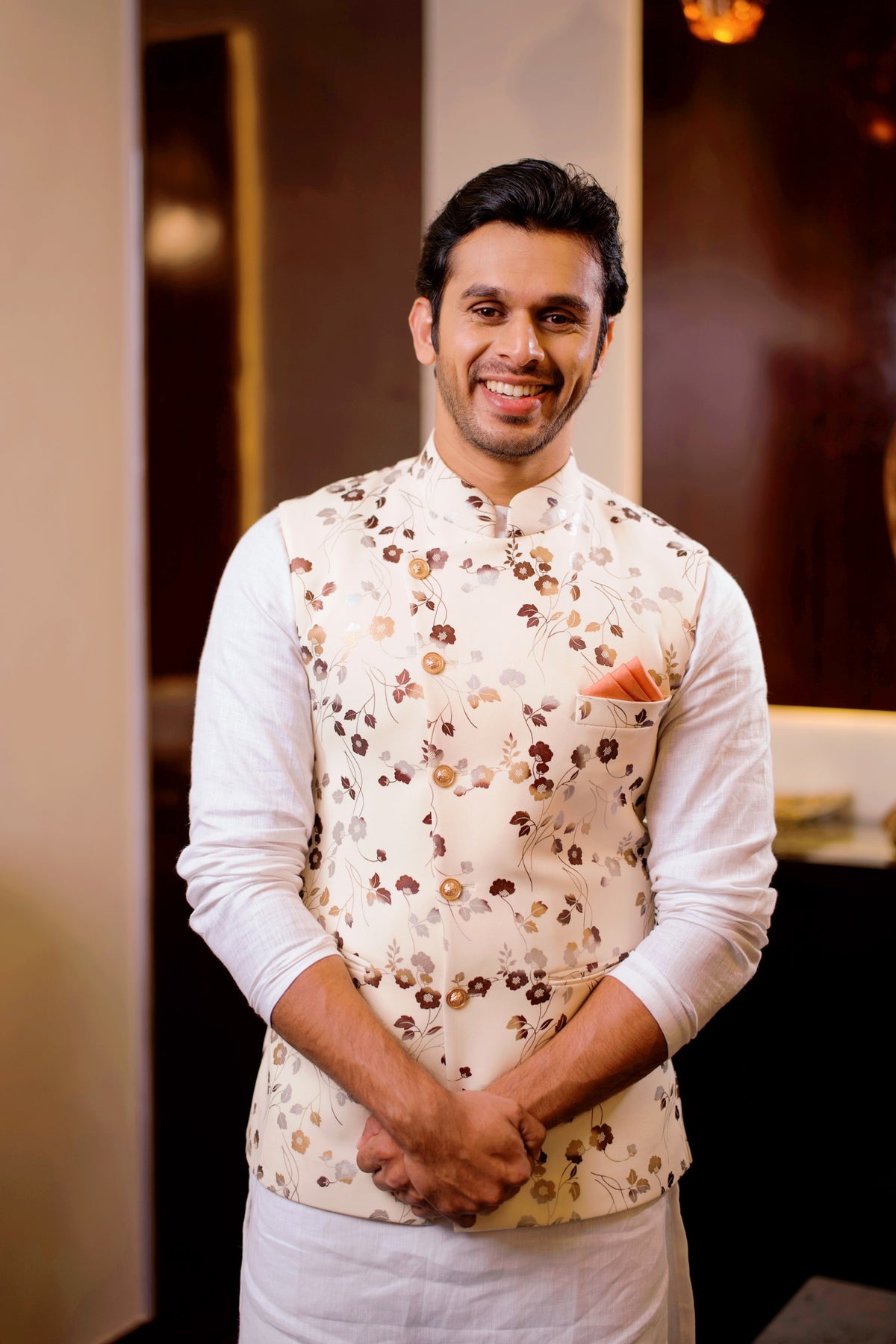 Floral Foil Print Nehru Jacket with White Kurta & White Bottom (Set of 3)