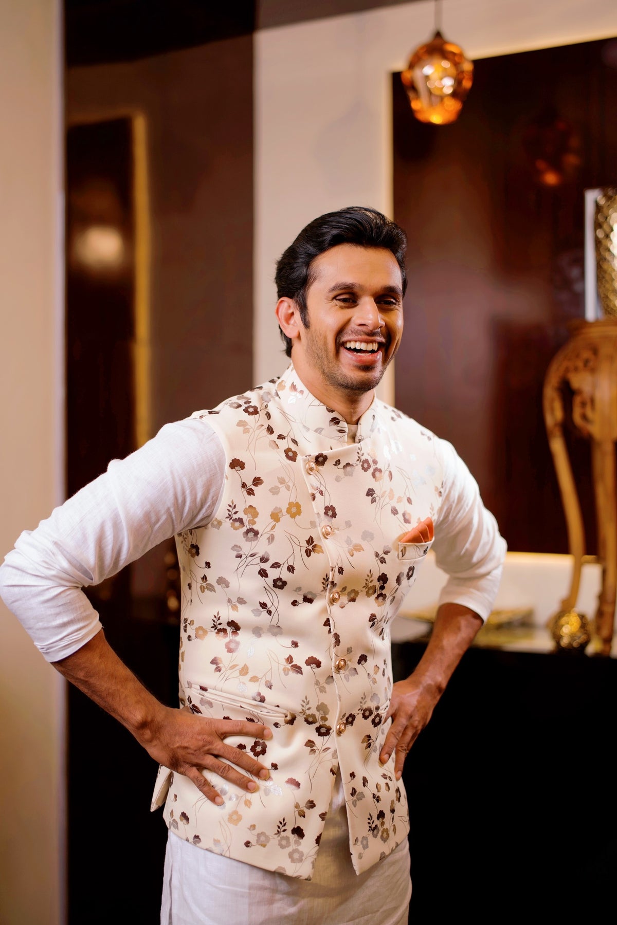Floral Foil Print Nehru Jacket with White Kurta & White Bottom (Set of 3)