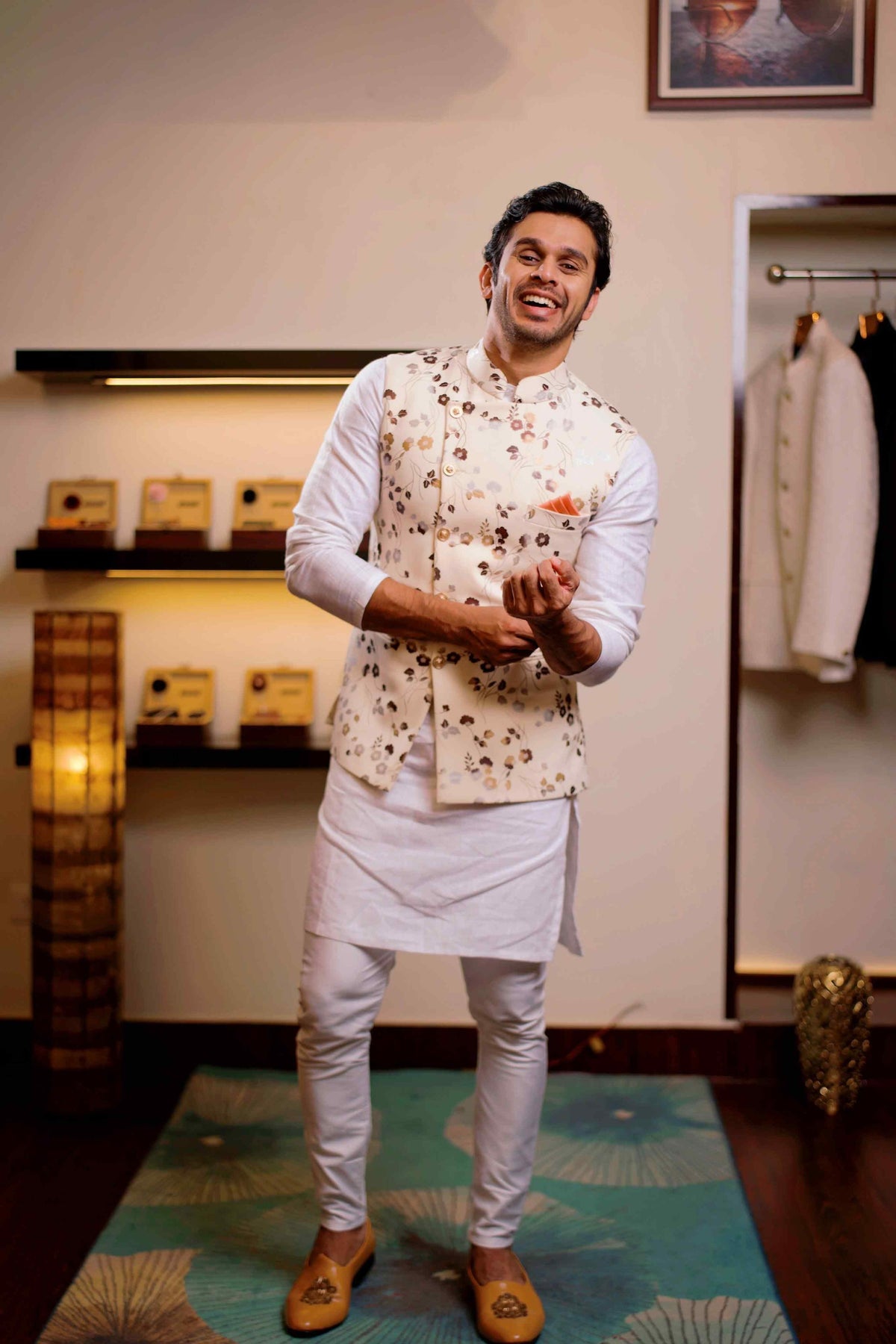 Floral Foil Print Nehru Jacket with White Kurta & White Bottom (Set of 3)