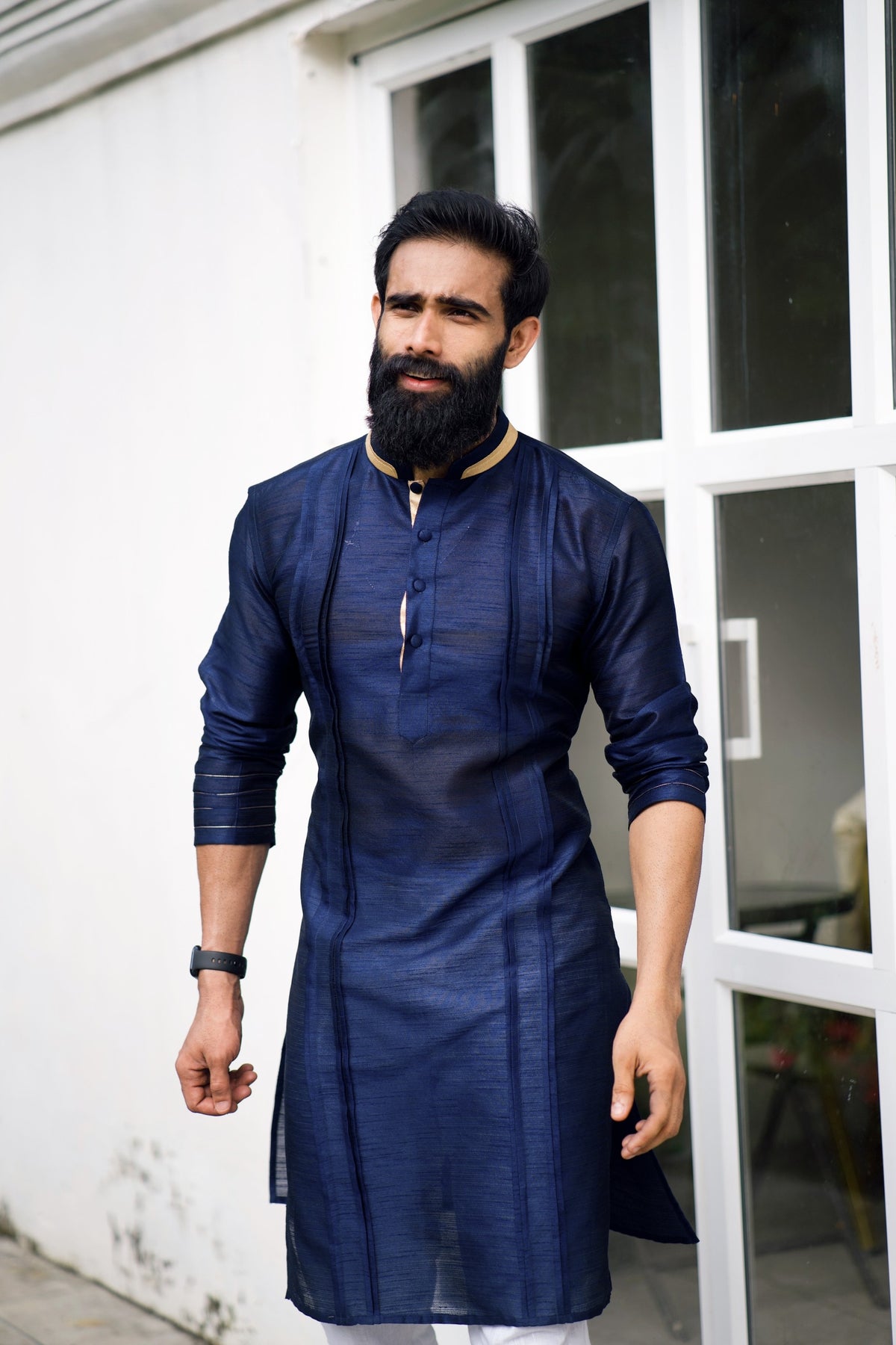 Navy Blue Pleated Kurta Set with Golden Detailing  (Kurta + White Bottom Pants)
