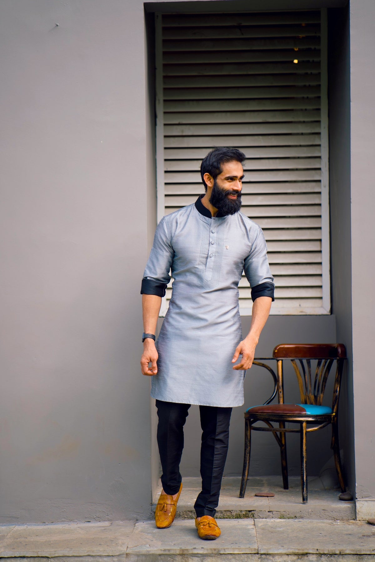 Coin Grey Kurta with Black Contrast Stitch Detailing  (Only Kurta)