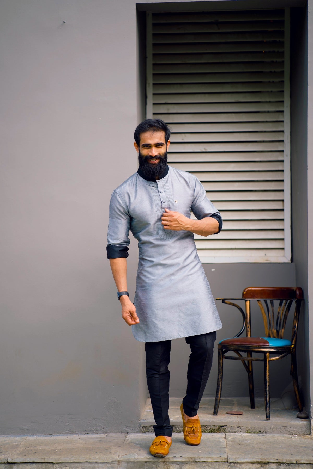 Coin Grey Kurta with Black Contrast Stitch Detailing  (Only Kurta)