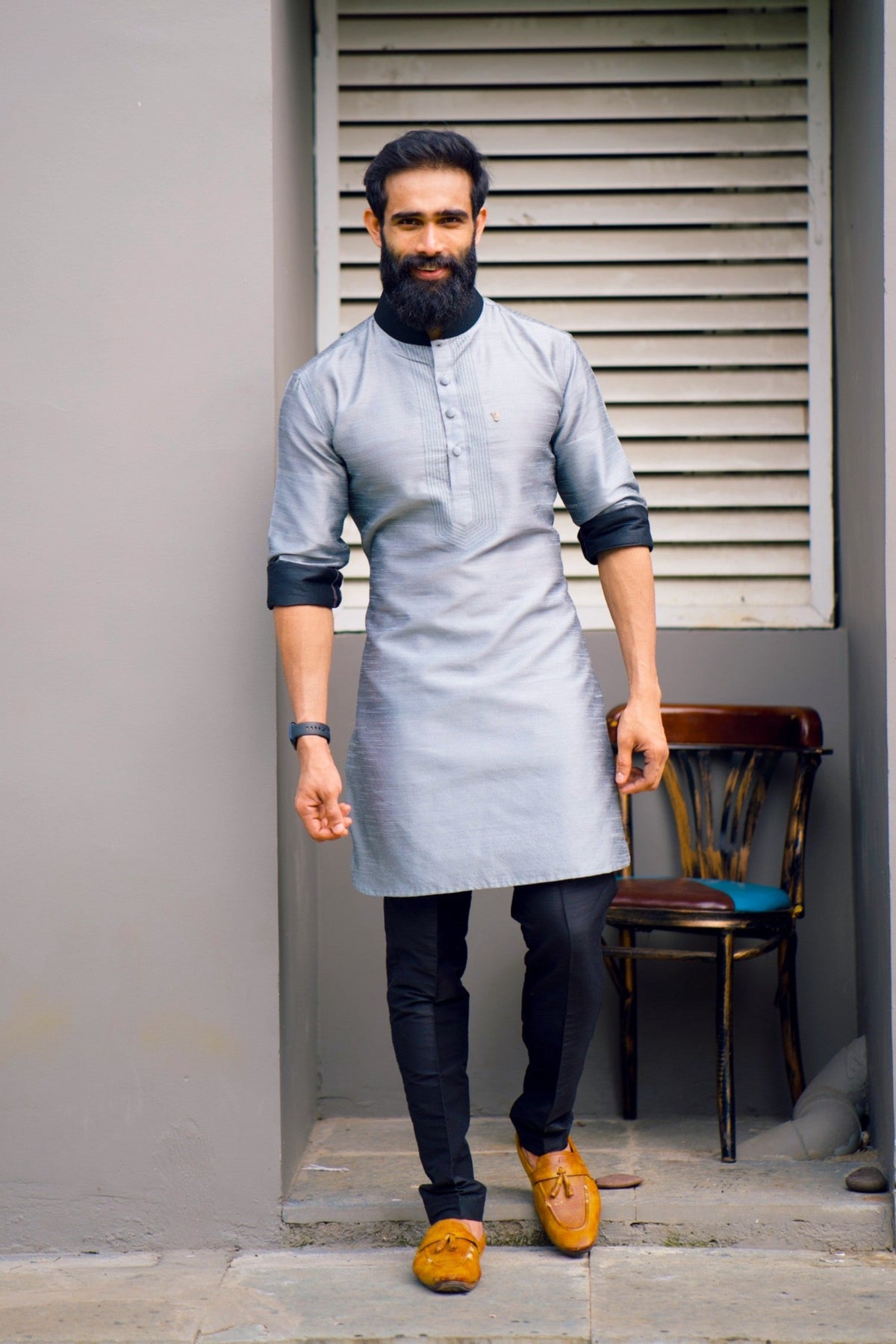 Coin Grey Kurta with Black Contrast Stitch Detailing  (Only Kurta)