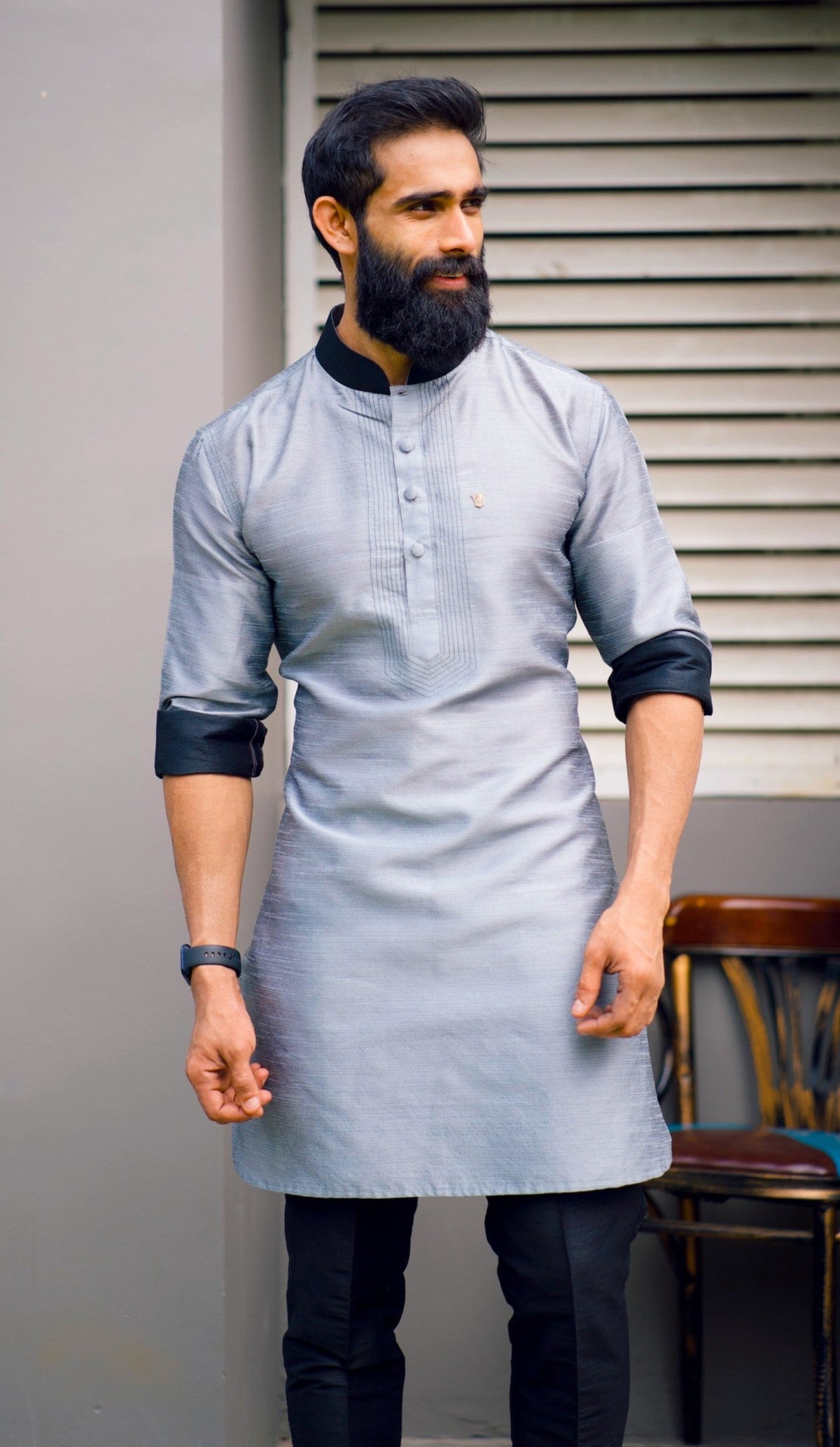 Coin Grey Kurta with Black Contrast Stitch Detailing  (Only Kurta)