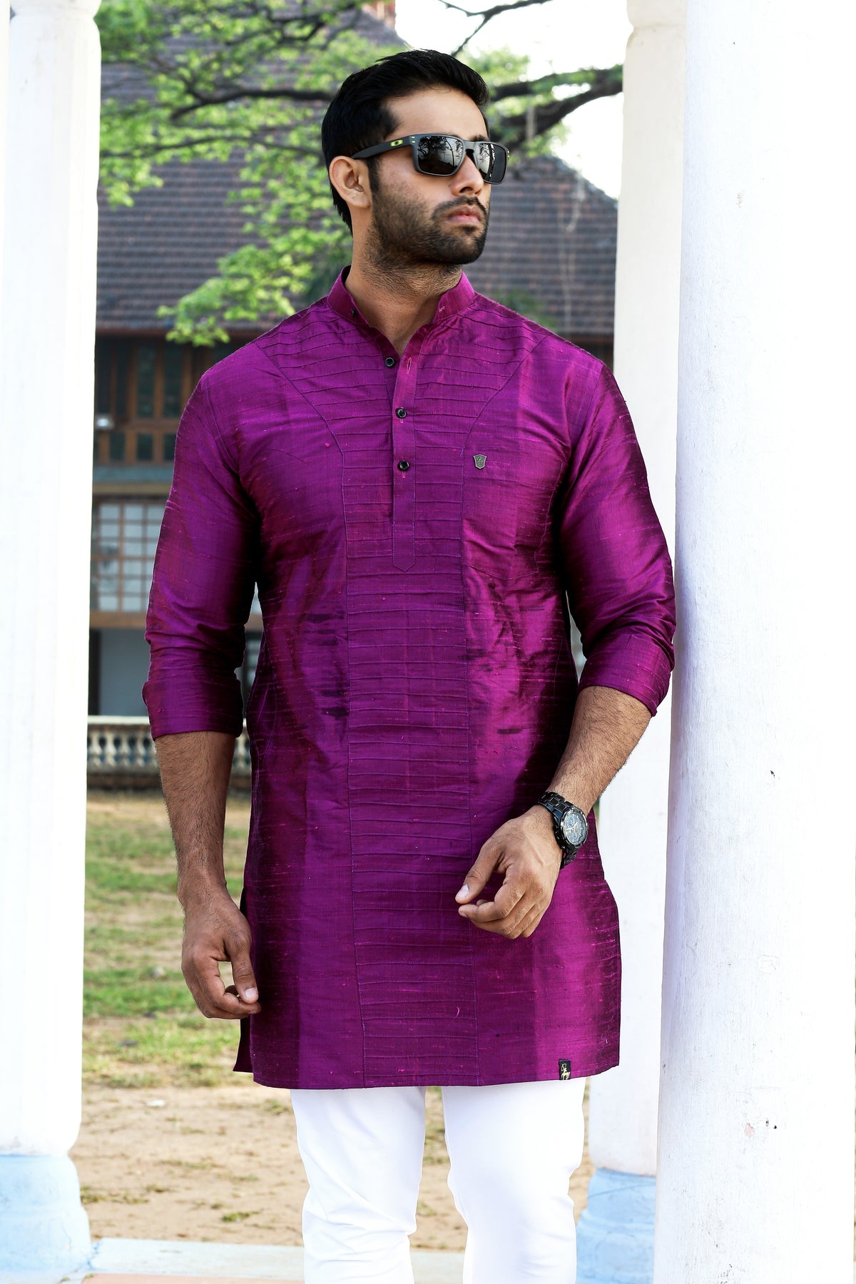 Sangria Purple Self Tucked Kurta Set (Kurta + White Bottom Pants)