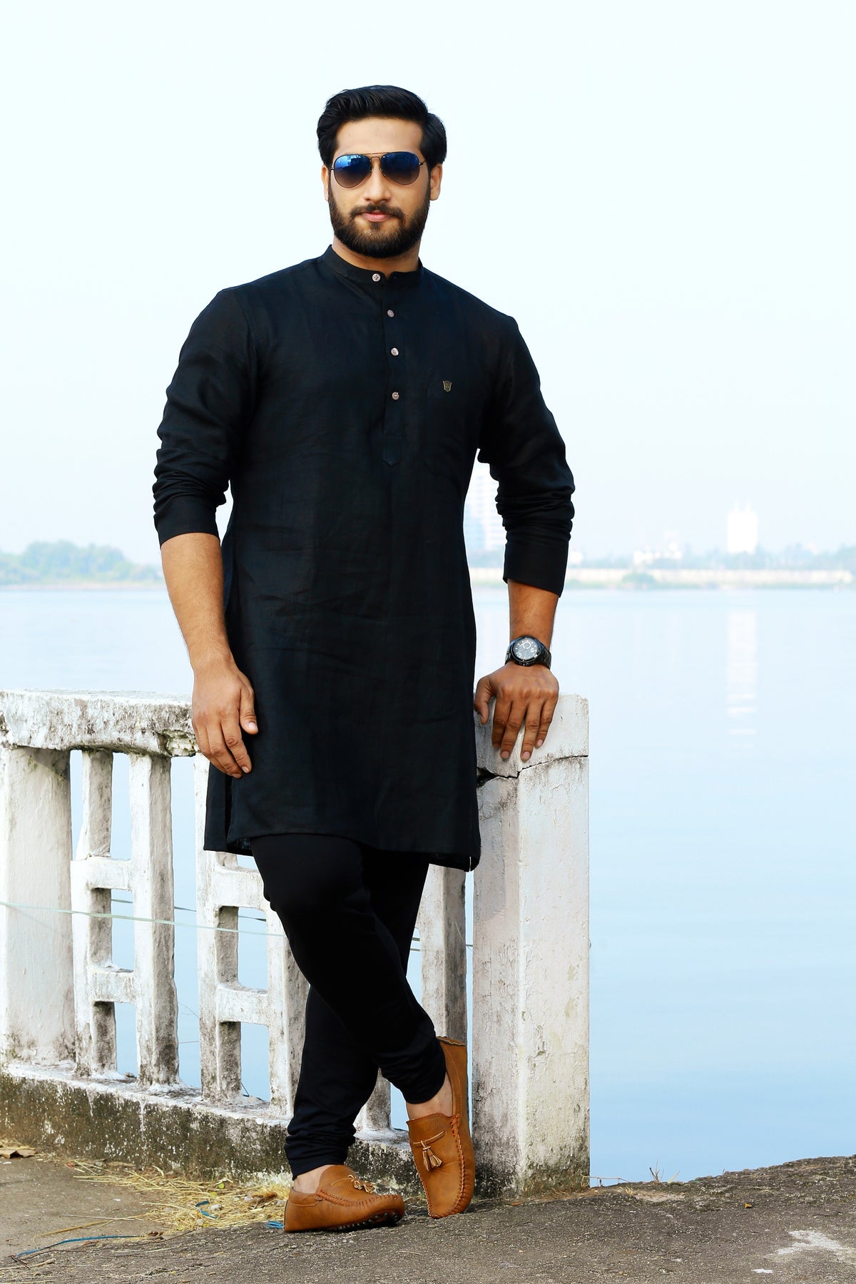 Raven Black Irish Linen Kurta Set (Kurta + Black Bottom Pants)