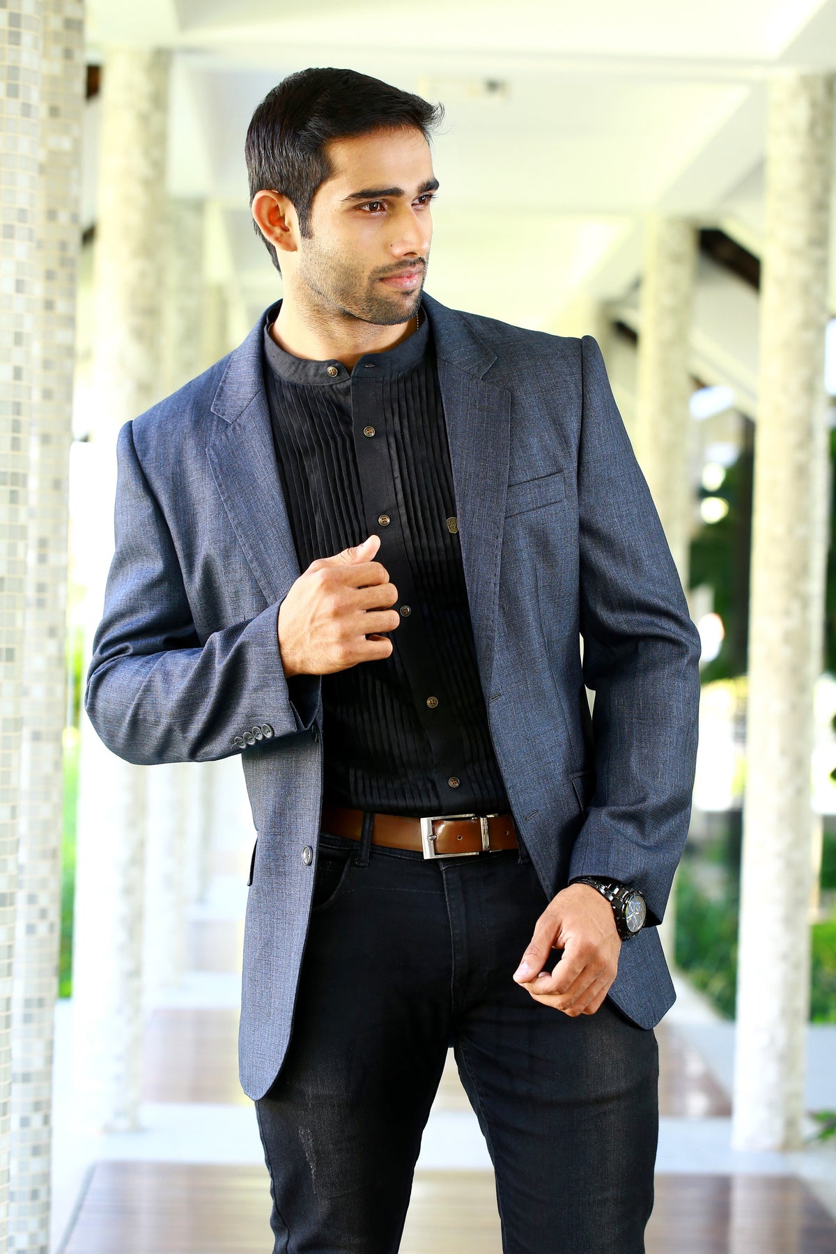 Grey Casual Blazer Set with Black  Pleated Shirt & Pants (Set of 3)