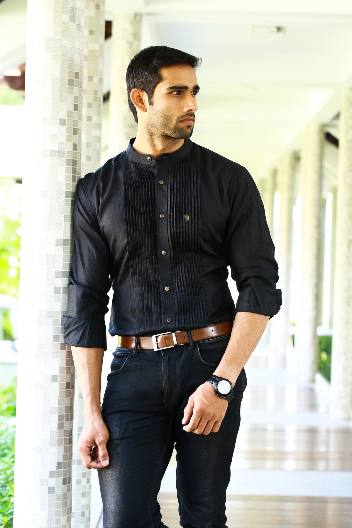 Raven Black Chinese Collar  Vertical Pleated Linen Shirt (Only Shirt)