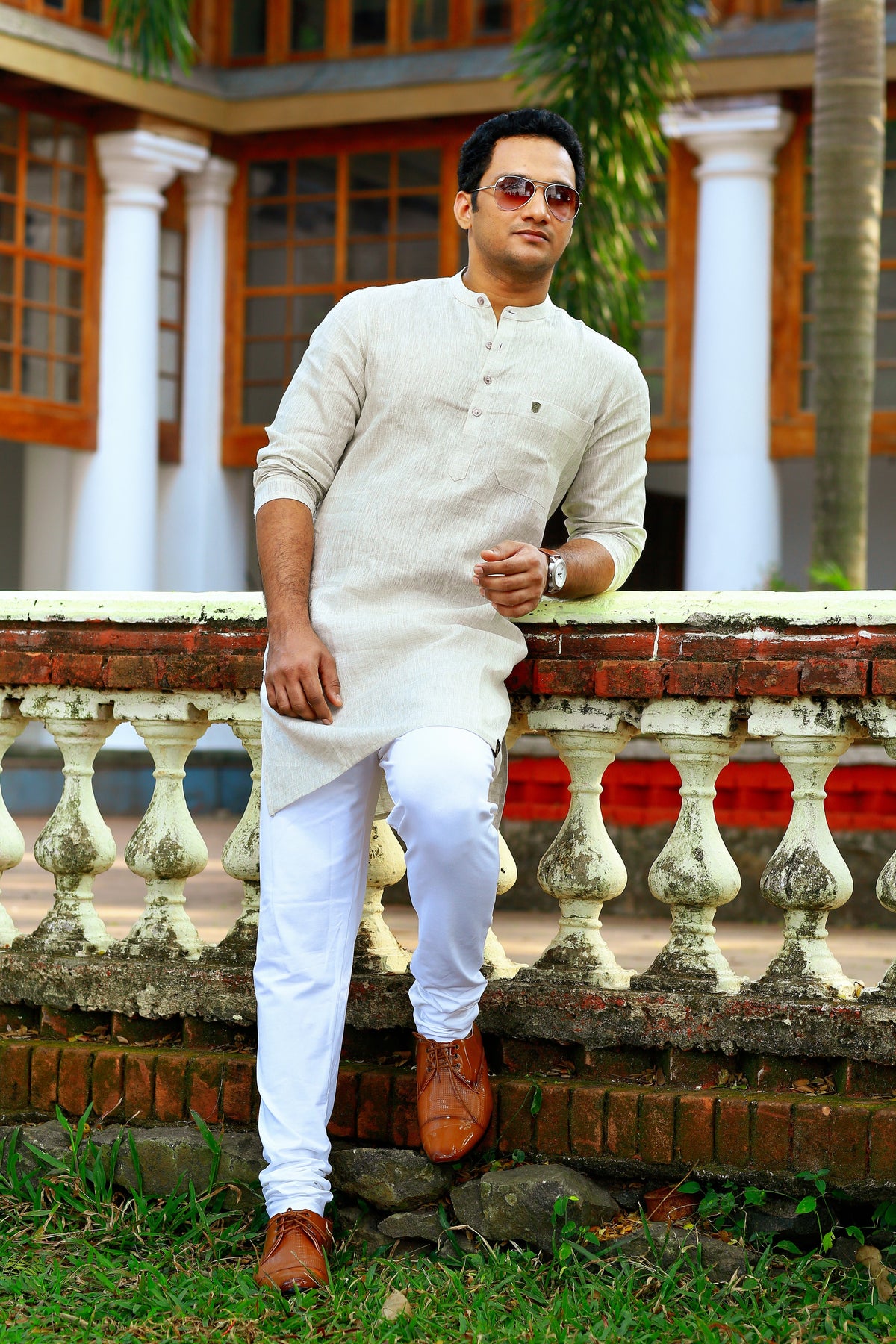 Ivory Beige Linen Kurta Set (Kurta + White Bottom Pants)