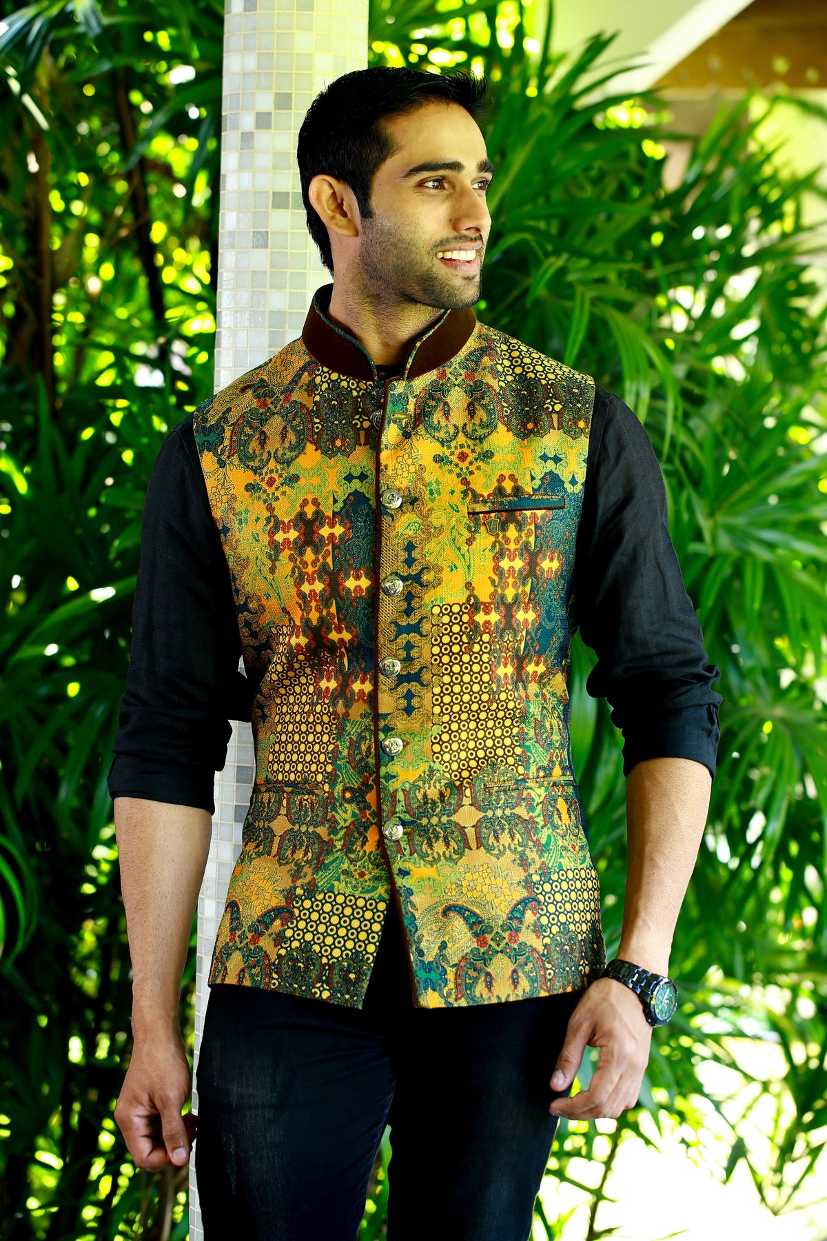 Graffiti Print Nehru Jacket with Black  Shirt & Black Bottom (Set of 3)