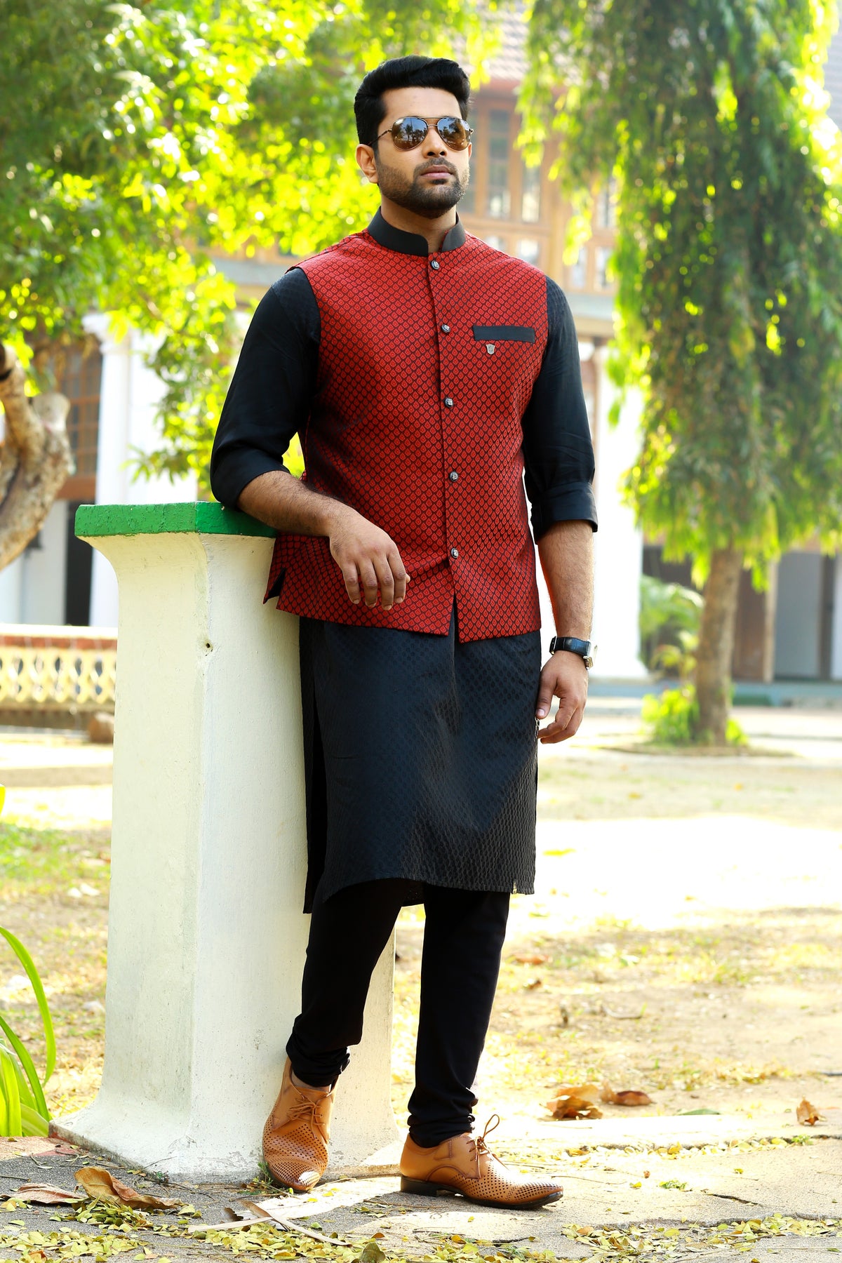 Scarlet Red Brocade Nehru Jacket with Black Kurta & Black Bottom (Set of 3)