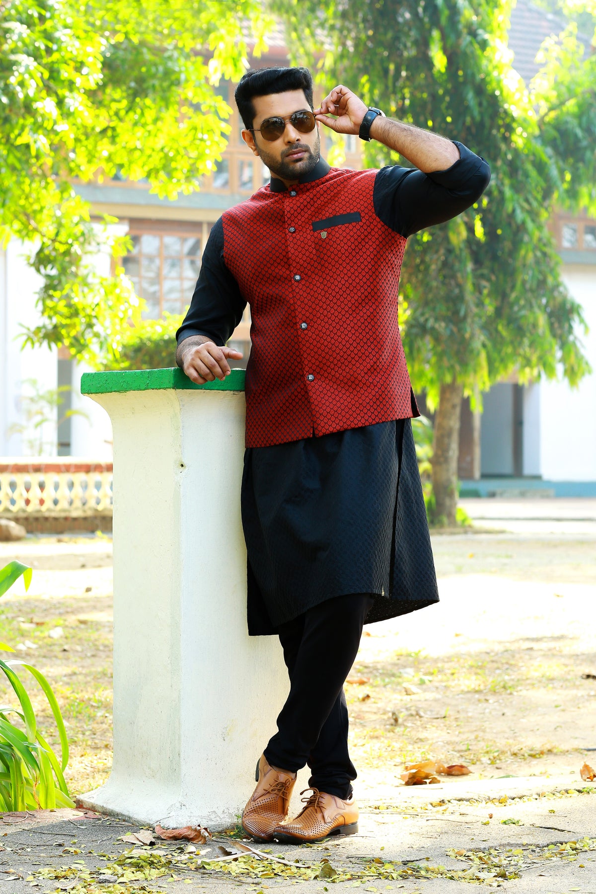Scarlet Red Brocade Nehru Jacket with Black Kurta & Black Bottom (Set of 3)