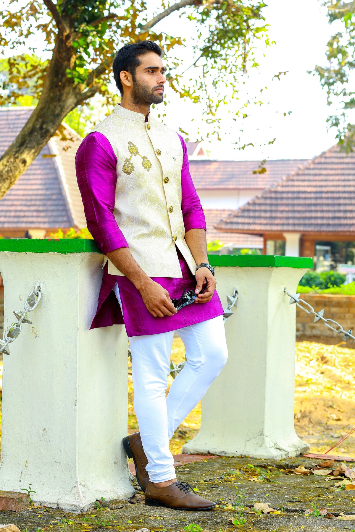 Buff Cream Brocade Nehru Jacket with Purple Kurta & White Bottom (Set of 3)