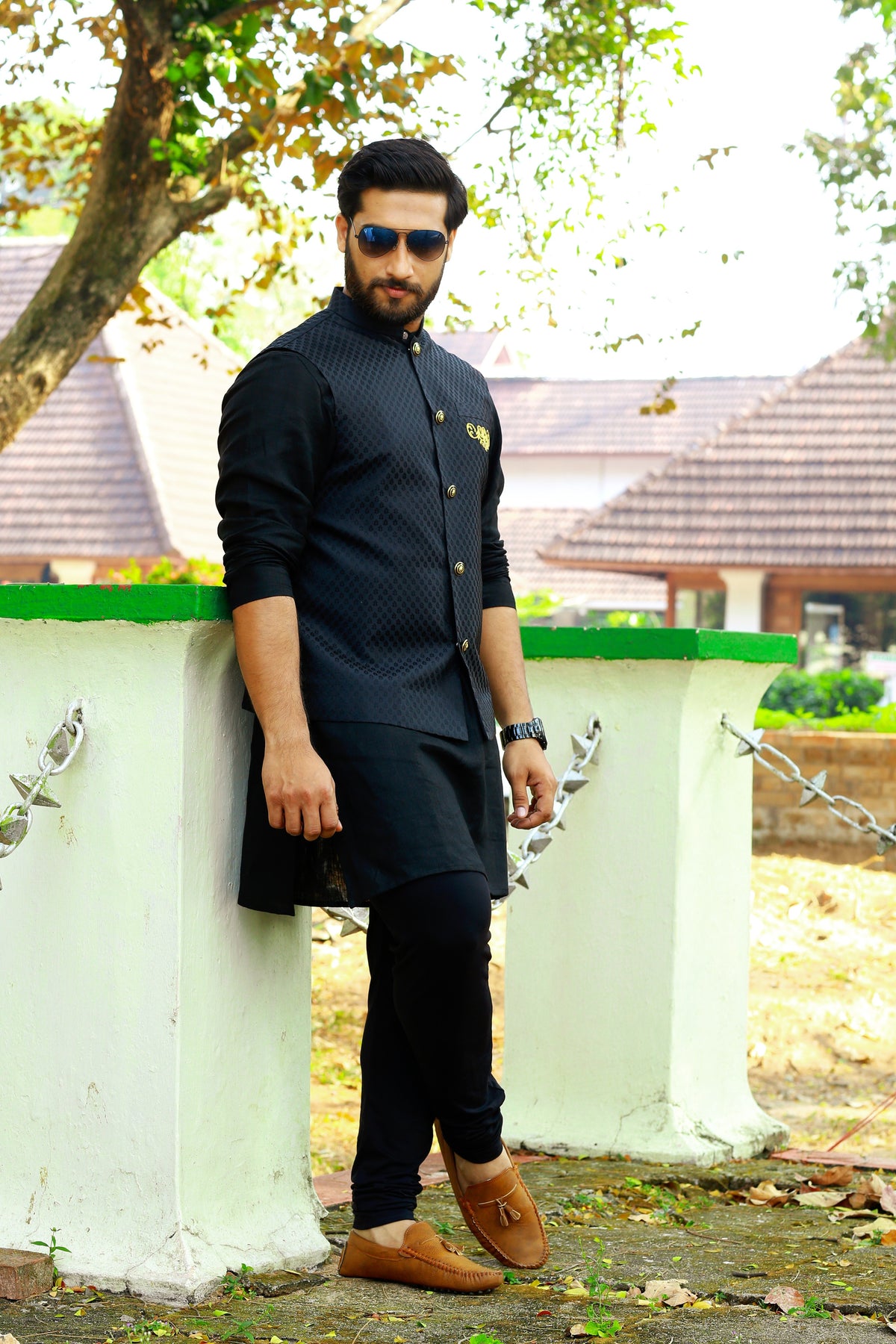 Sable Black Brocade Nehru Jacket with Black Kurta & Black Bottom (Set of 3)