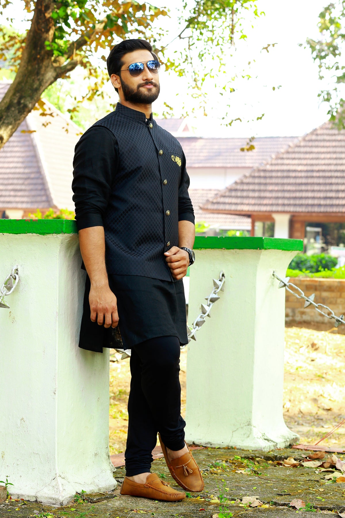 Sable Black Brocade Nehru Jacket with Black Kurta & Black Bottom (Set of 3)
