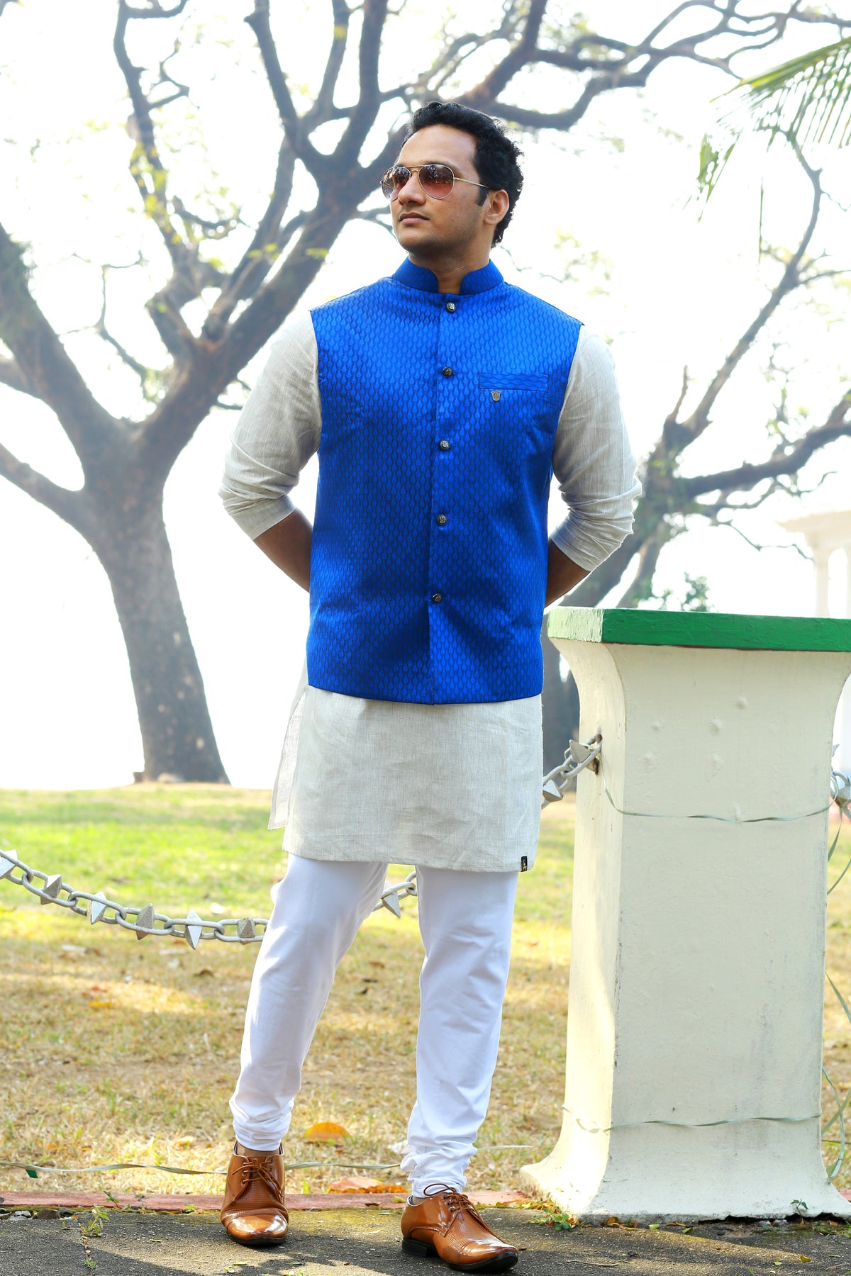 Saphire Blue Brocade Nehru Jacket with Beige Kurta & White Bottom (Set of 3)