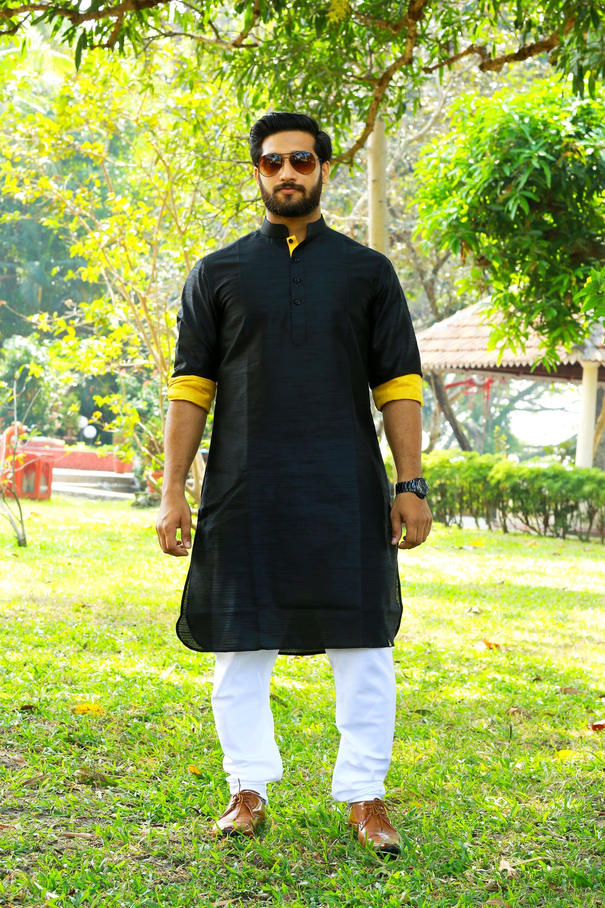 Onyx Black Kurta With Yellow Contrast Yellow Detailing  (Only Kurta)