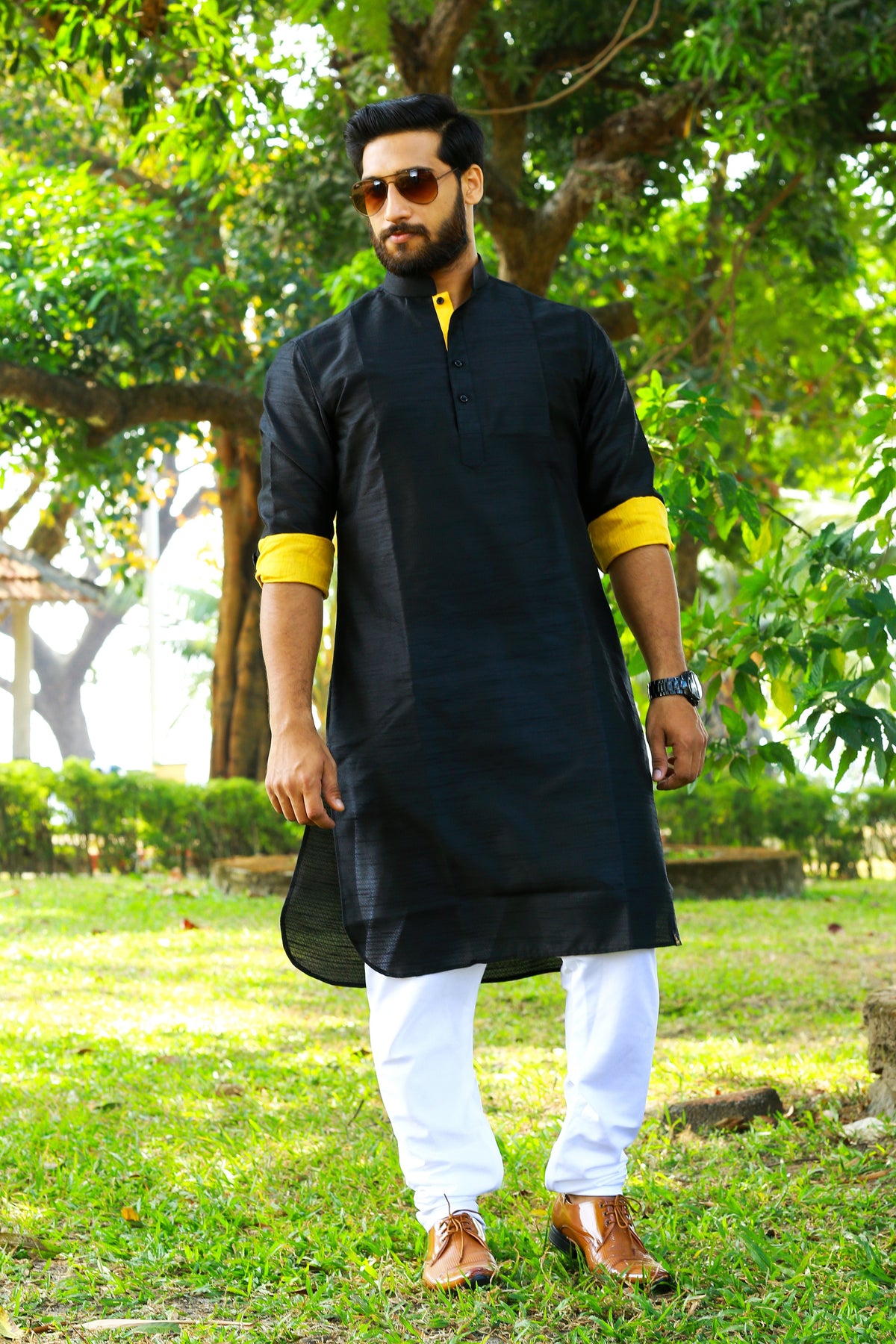 Onyx Black Kurta Set With Yellow  Contrast Yellow Detailing  (Kurta + White Bottom Pants)