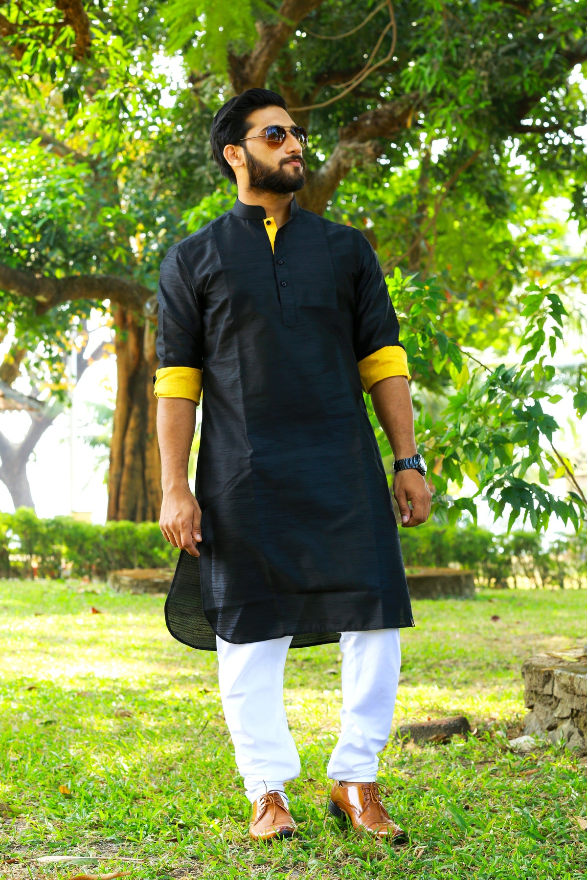 Onyx Black Kurta Set With Yellow  Contrast Yellow Detailing  (Kurta + White Bottom Pants)
