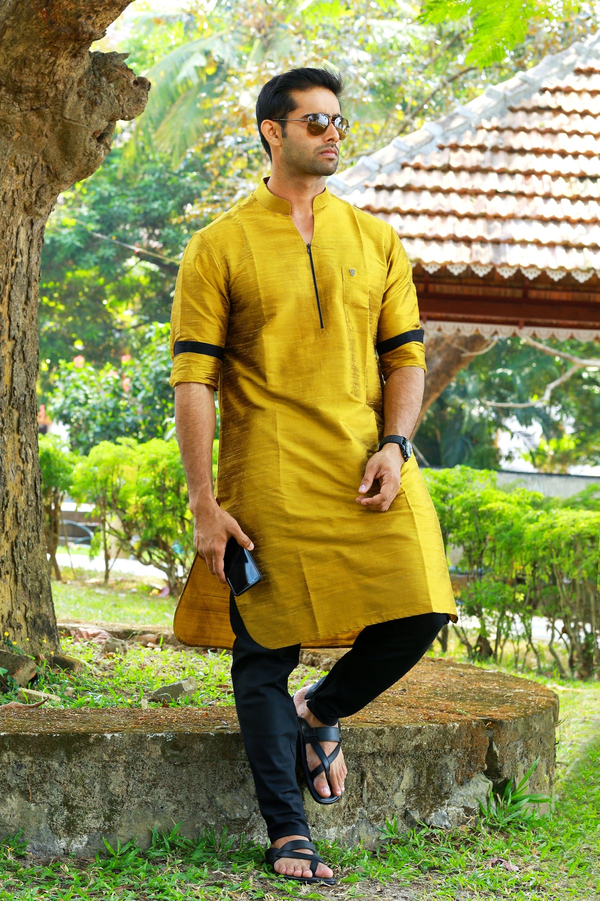 Mustard Yellow Kurta Set with  Black Contrast Detailing (Kurta + Black Bottom Pants)