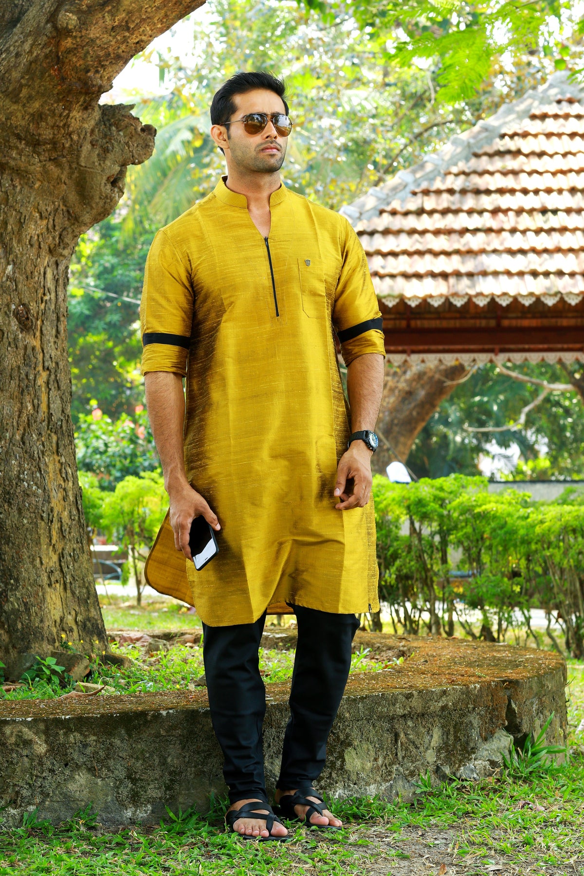 Mustard Yellow Kurta Set with  Black Contrast Detailing (Kurta + Black Bottom Pants)