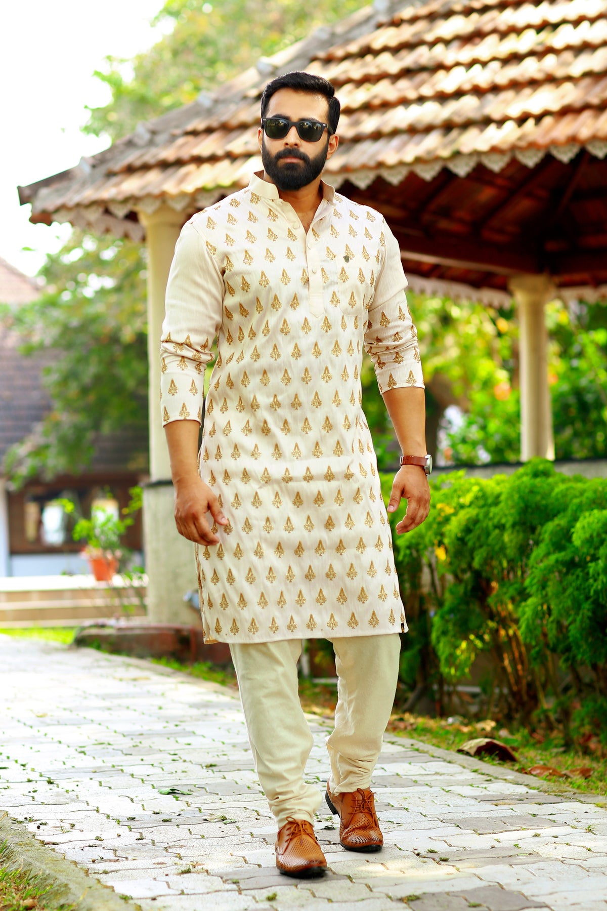 Buff Beige Kurta Set with Heavy Hand Work Detailing (Kurta + Beige Bottom Pants)