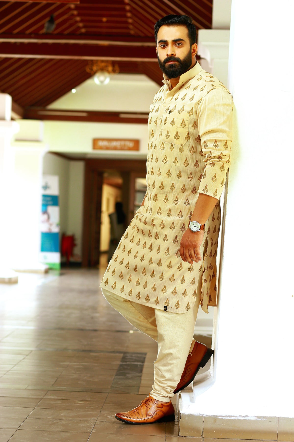 Buff Beige Kurta Set with Heavy Hand Work Detailing (Kurta + Beige Bottom Pants)