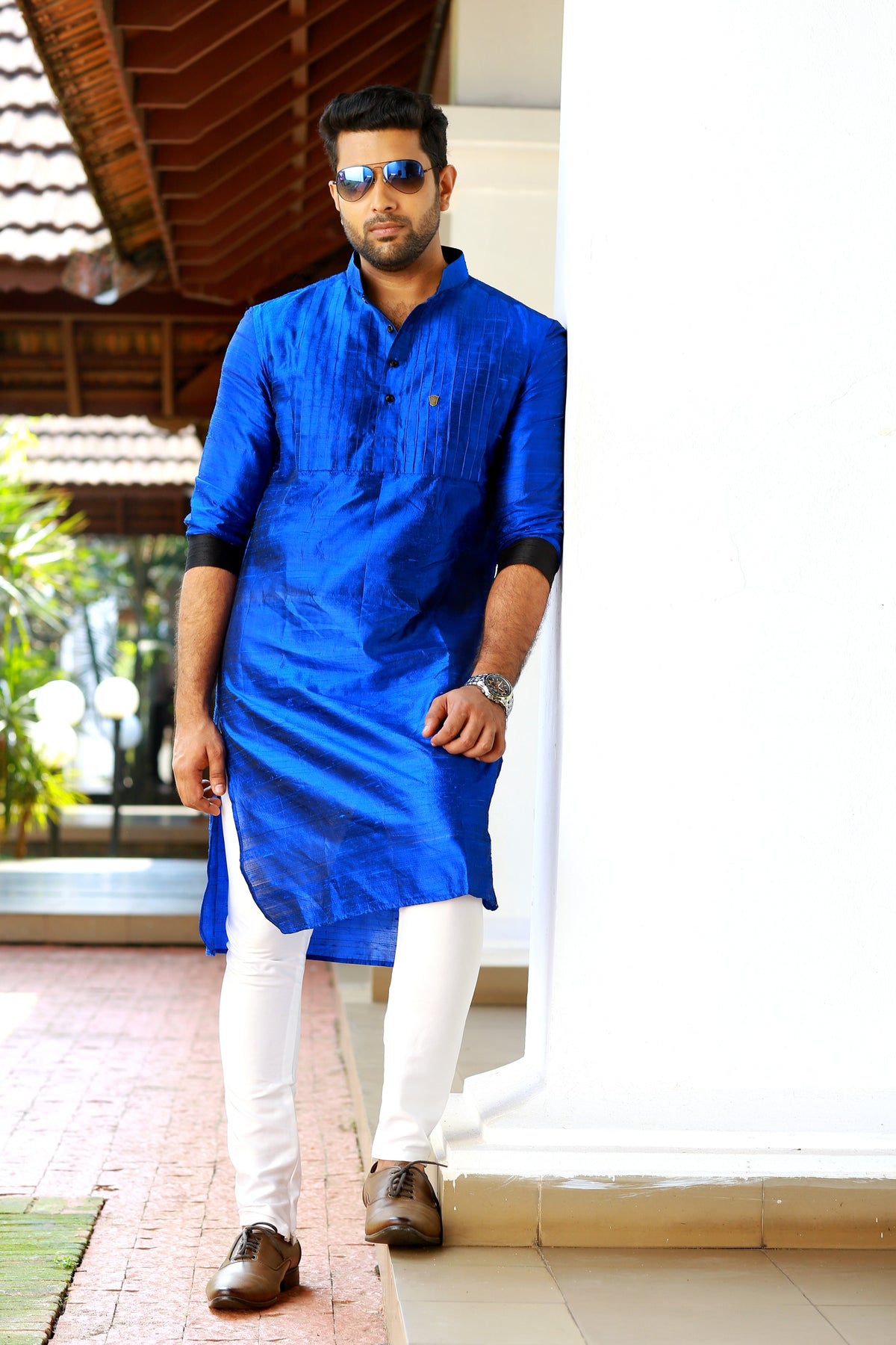 Persian Blue Vertical Tucked Kurta Set with Black Detailing (Kurta + White Bottom Pants)