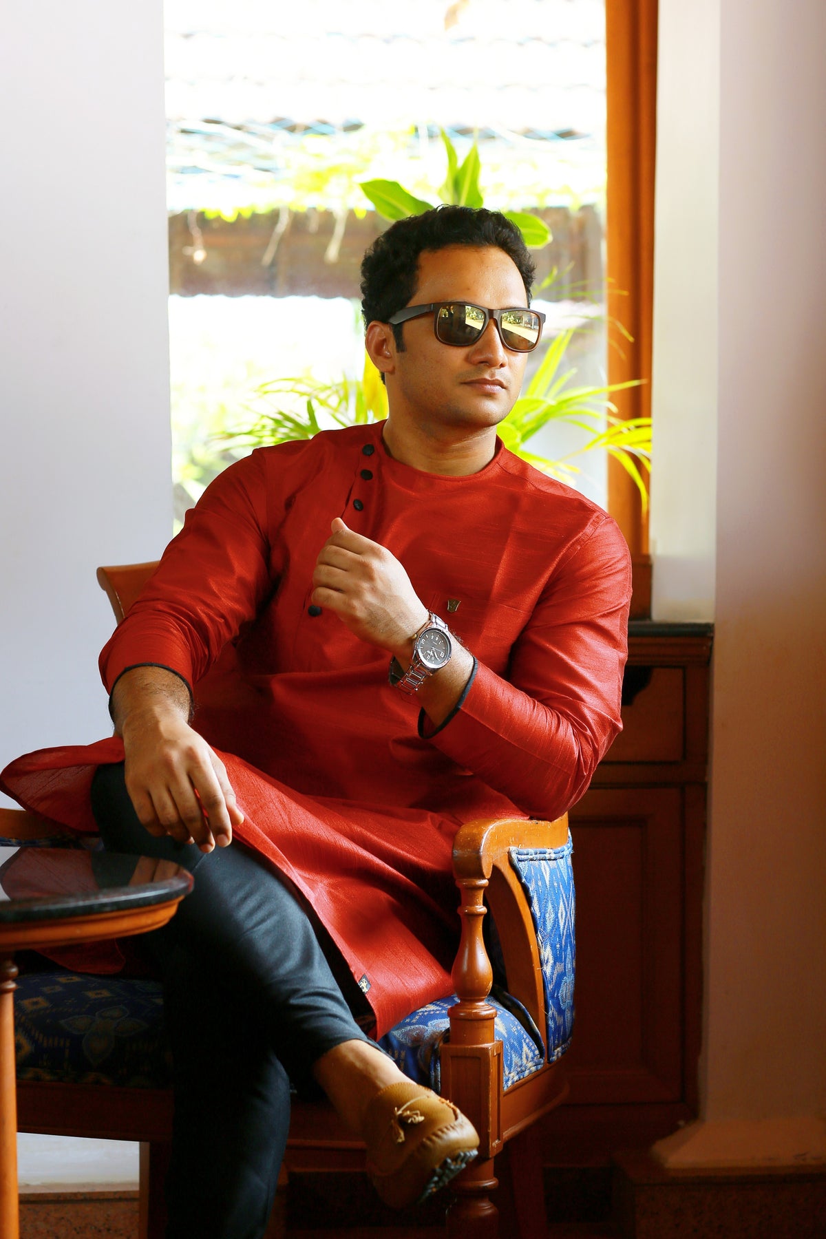 Scarlet Red Side Open Jubba Kurta Set (Kurta + Black Bottom Pants)