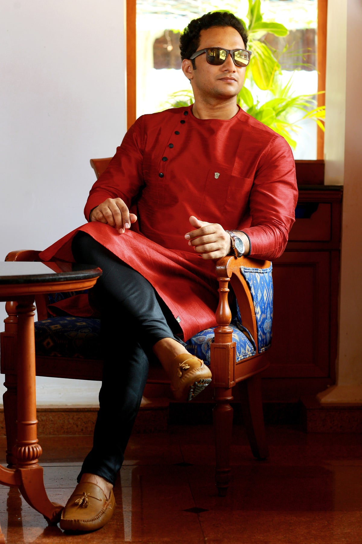 Scarlet Red Side Open Jubba Kurta Set (Kurta + Black Bottom Pants)