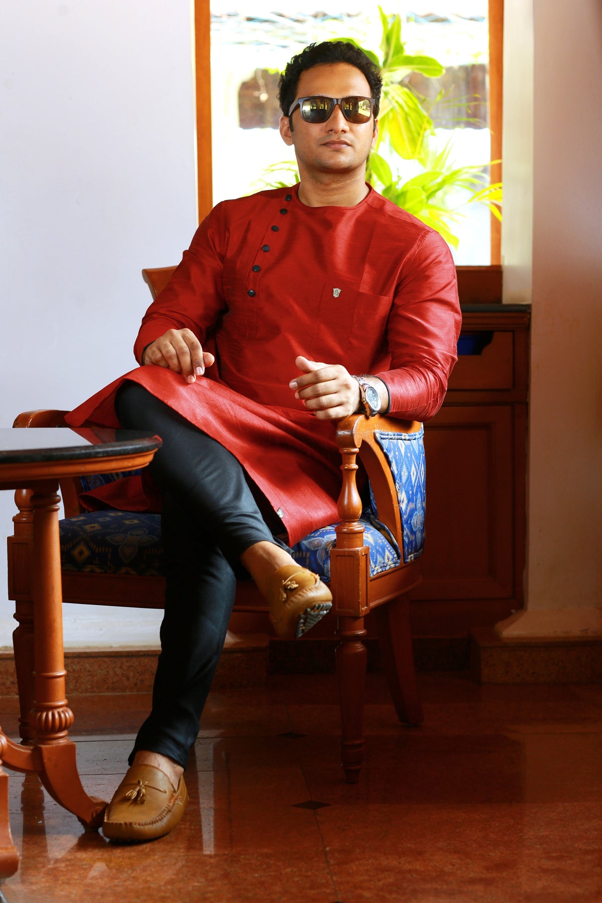 Scarlet Red Side Open Jubba Kurta Set (Kurta + Black Bottom Pants)