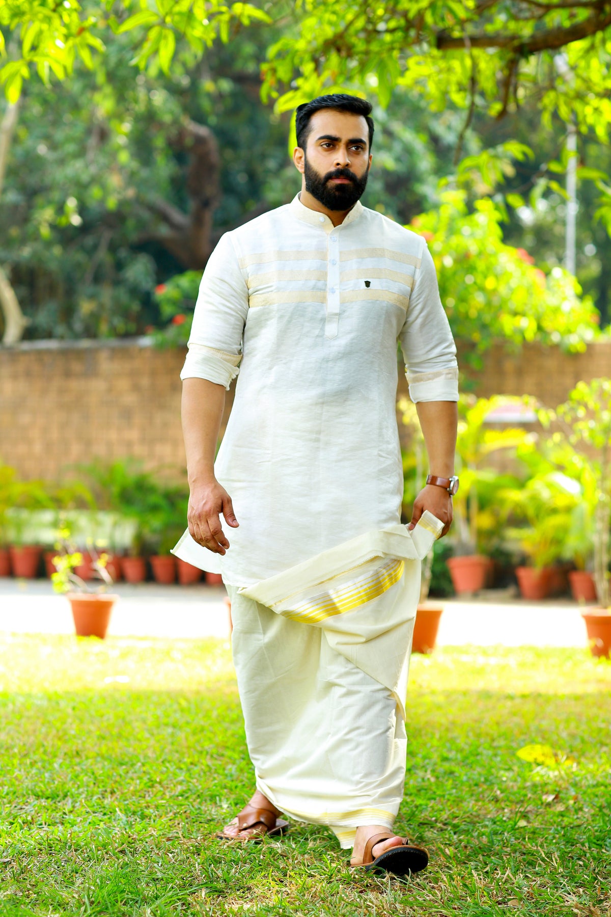 Off White Silk Kurta Set with Tissue Gold Detailing on Chest (Kurta + Kasavu Munde)