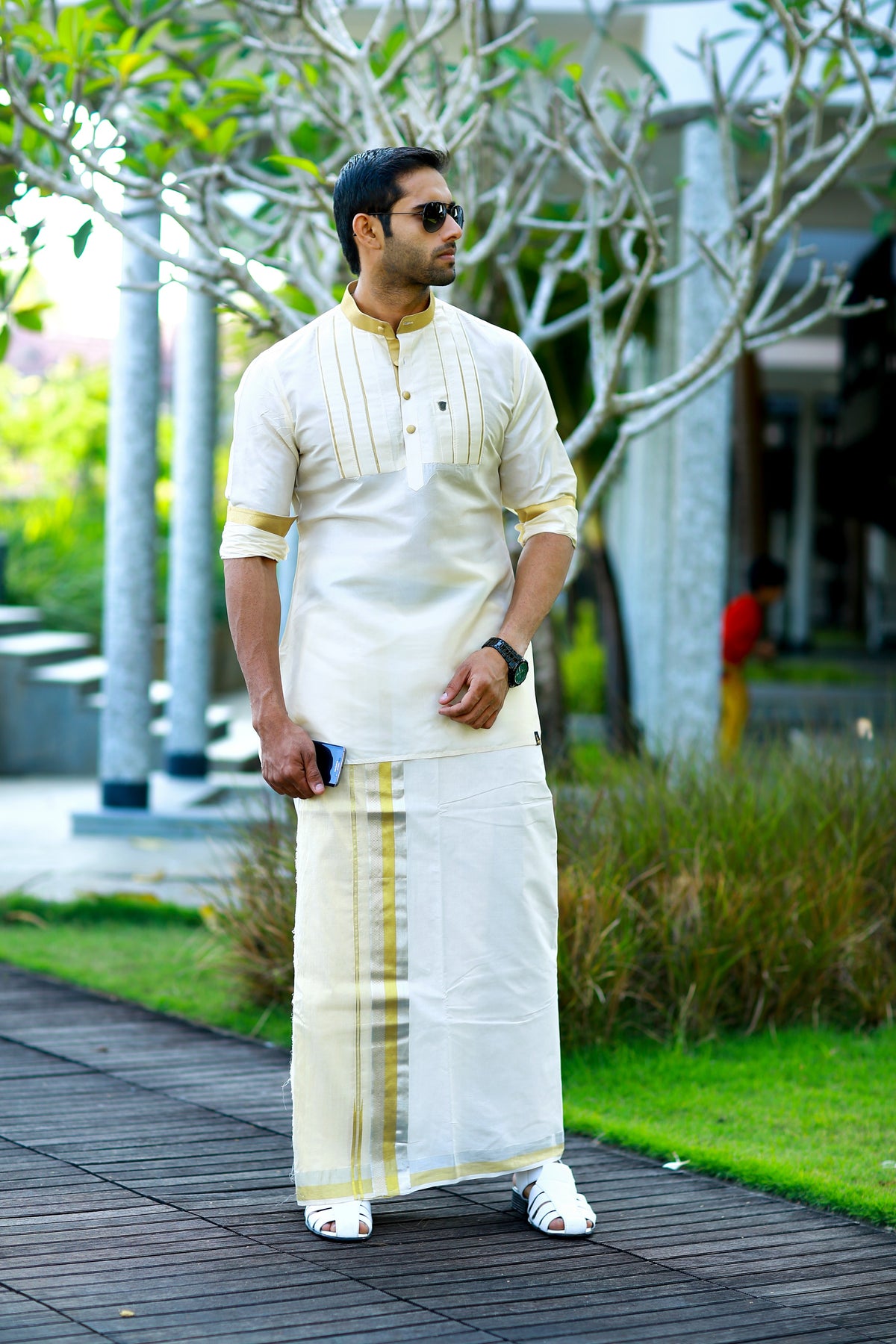 Off White Vertical Pleat Silk Kurta Set with Golden Zari Detailing on Neck, Placket & Sleeves  (Kurta + Kasavu Munde)