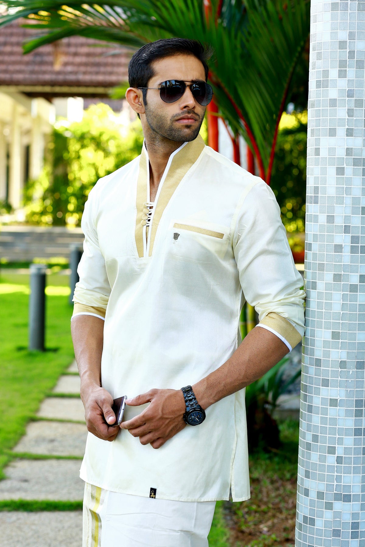 Off White Silk Kurta Set with Golden Zari Detailing on Placket & Sleeves  (Kurta + Kasavu Munde)