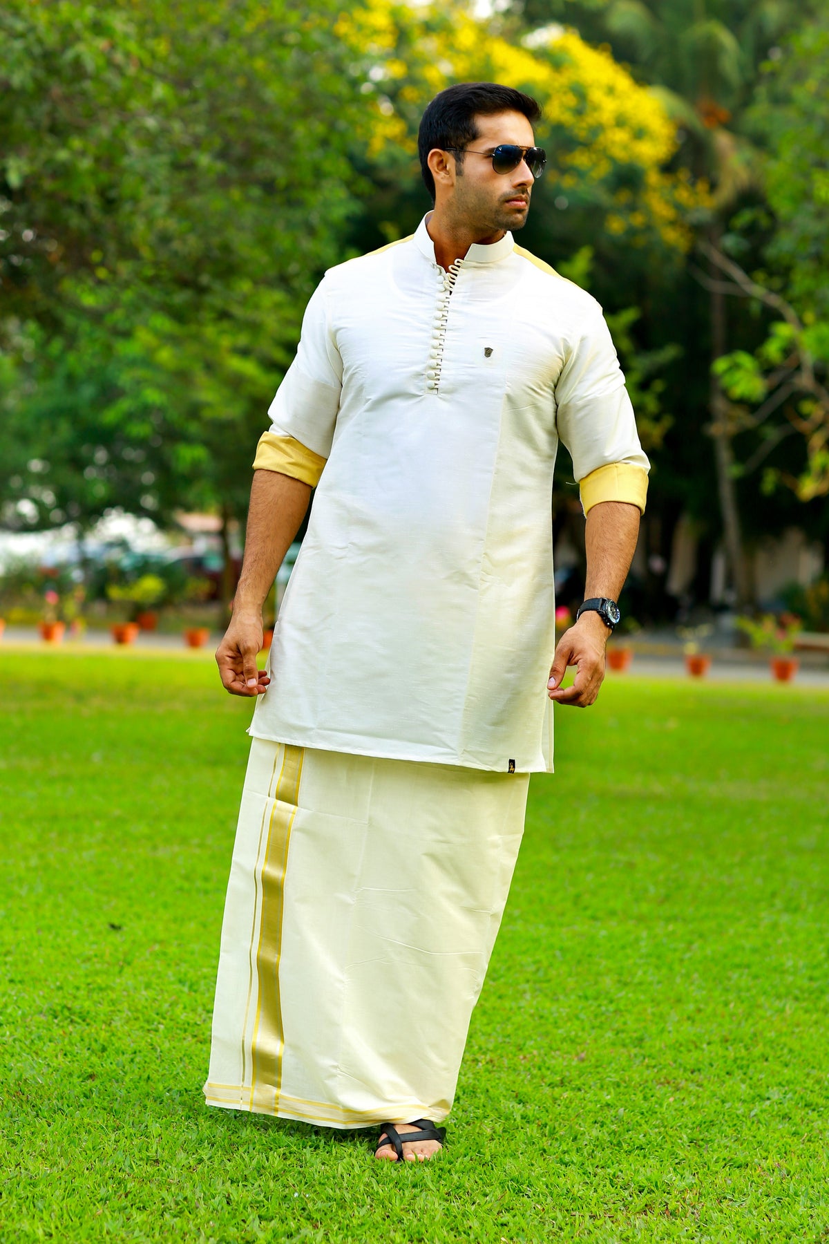 Off White Silk Kurta  With Golden Zari Detailing on Shoulder & Sleeves  (Only Kurta)