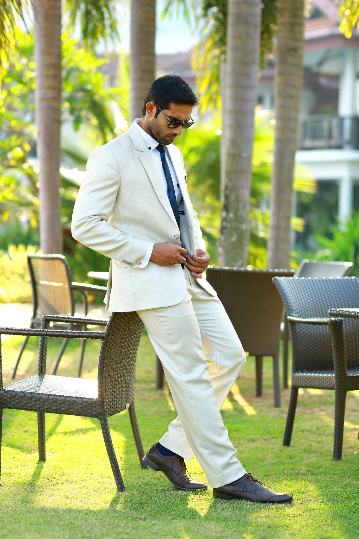 Stone Beige 2 Piece Suit Set with White  Shirt (Set of 3)