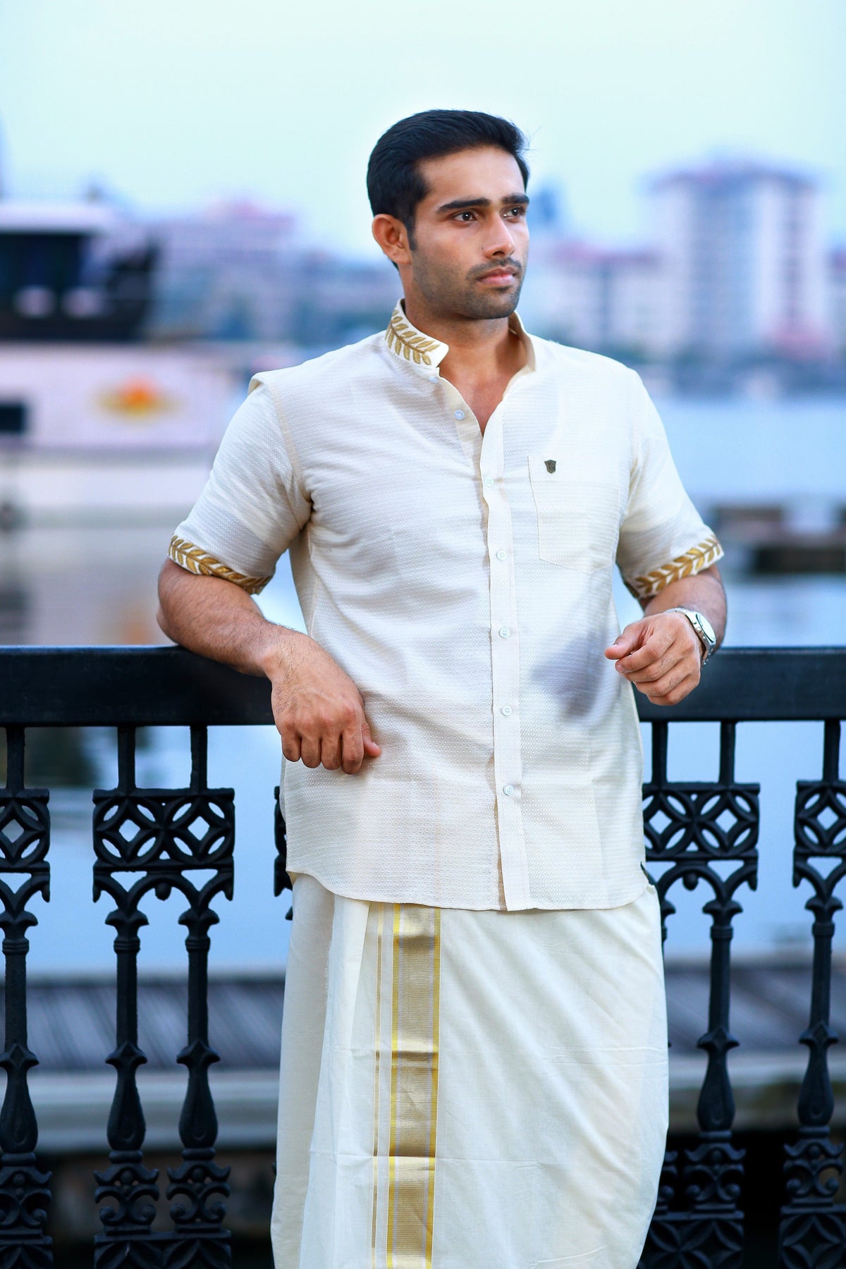 Off White Dotted Silk Chinese Collar Shirt with Gold Zari Detailing & Handwork Embroidery on Neck & Sleeves (Shirt + Kasavu Munde )
