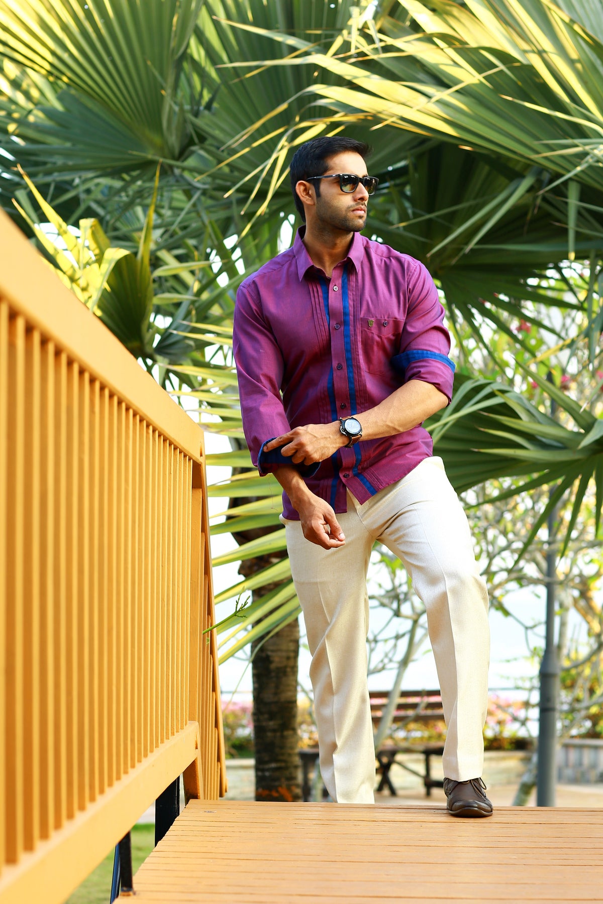 Sangria Purple Shirt wIth Blue  Detailing on placket & Sleeves  (Only Shirt)