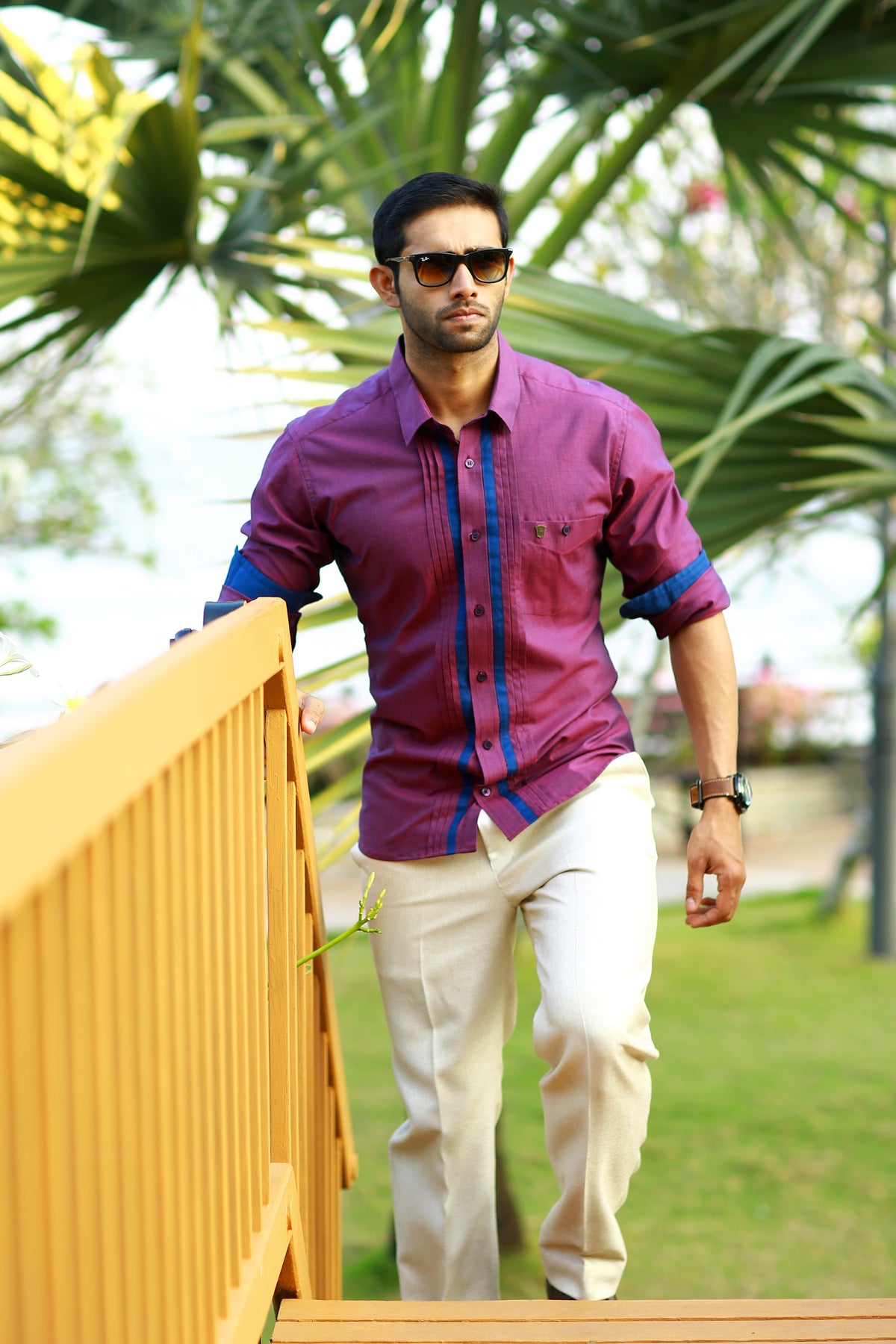Sangria Purple Shirt wIth Blue  Detailing on placket & Sleeves  (Only Shirt)